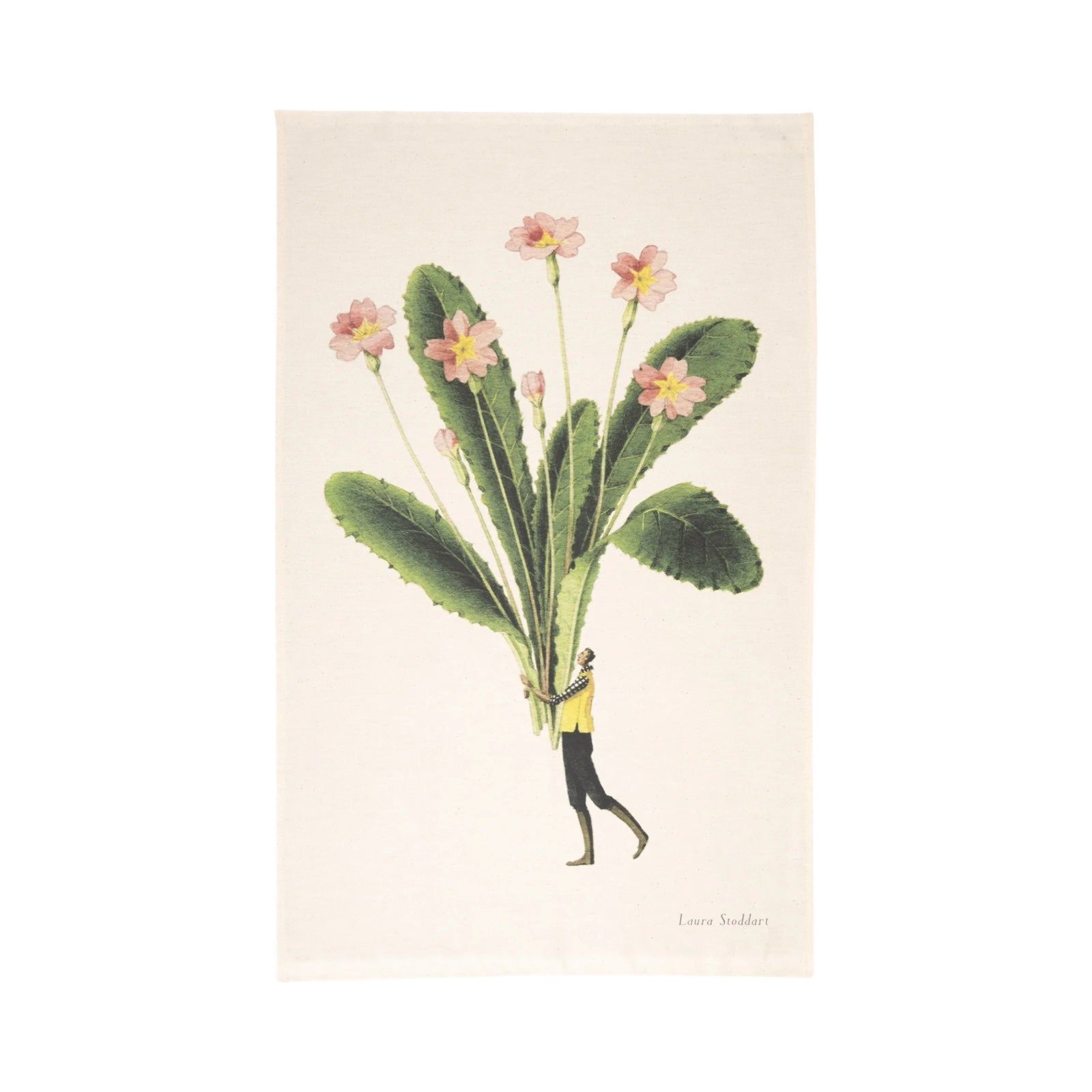 Tea towel featuring an illustration of a man in a yellow waistcoat and black trousers holding a giant bunch of pink primroses and green foliage.