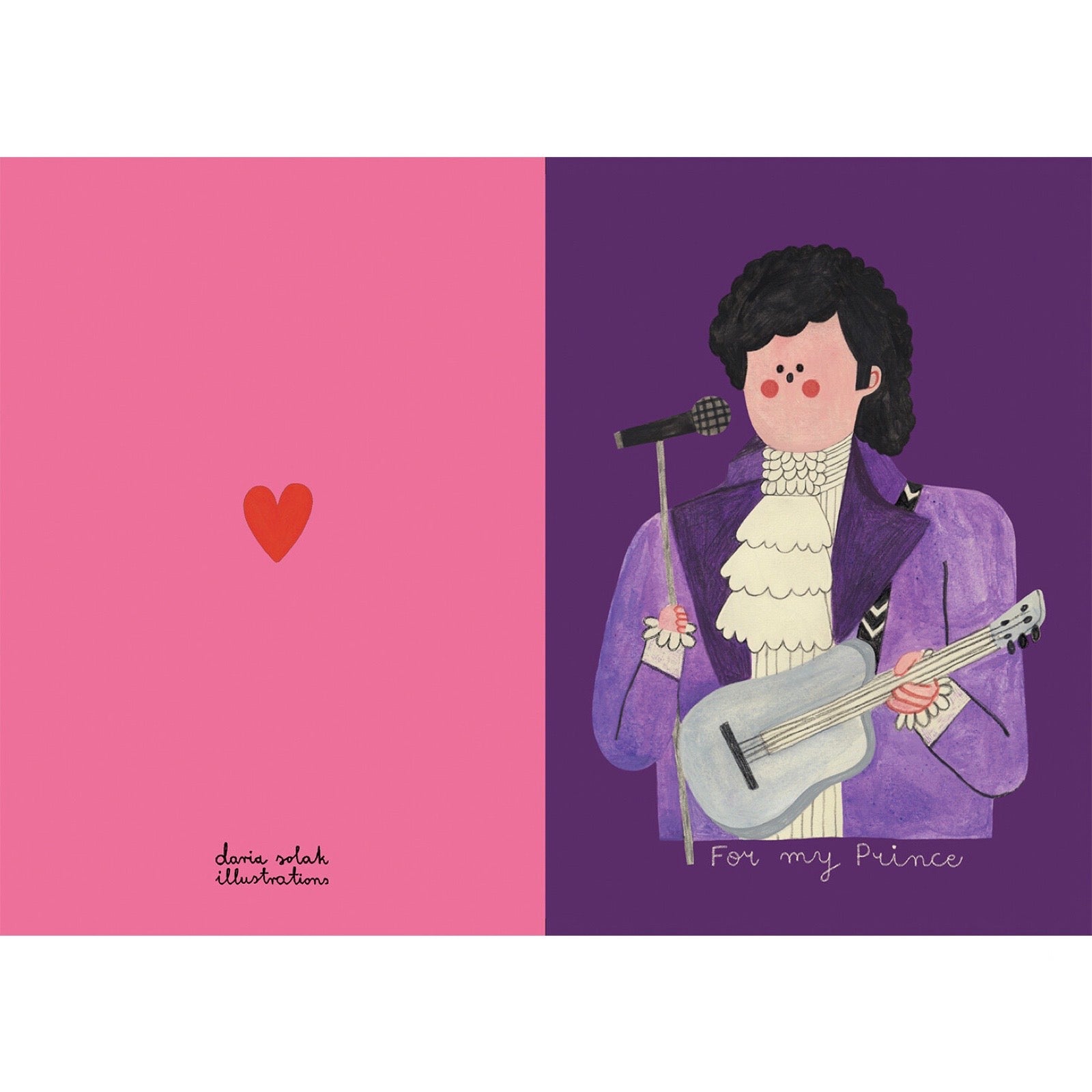 Illustration of Prince holding a guitar with the text 'For my Prince', with a pink background with a heart on the left.