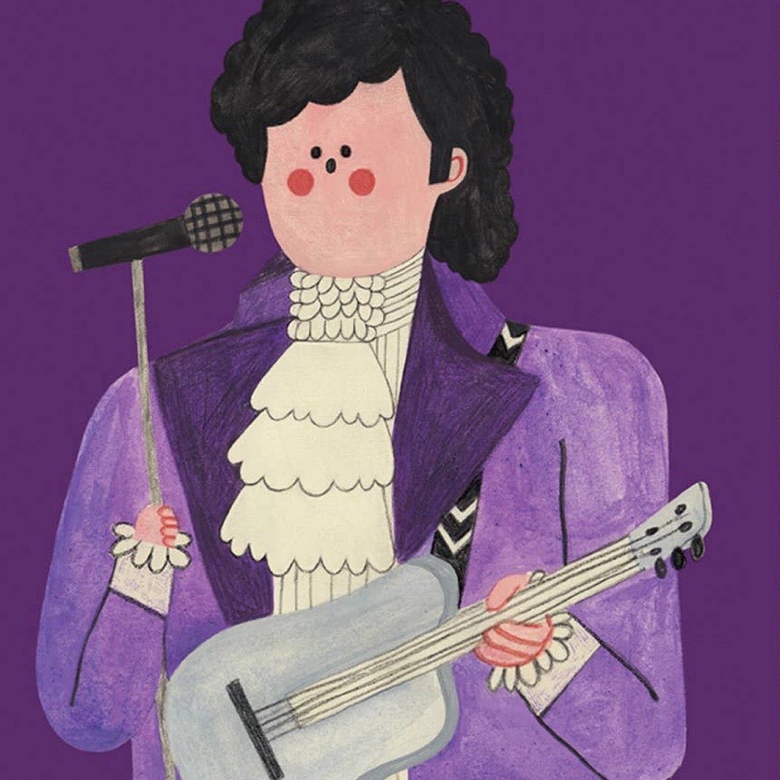 Card with illustration of Prince in a purple jacket holding a guitar on a purple background.