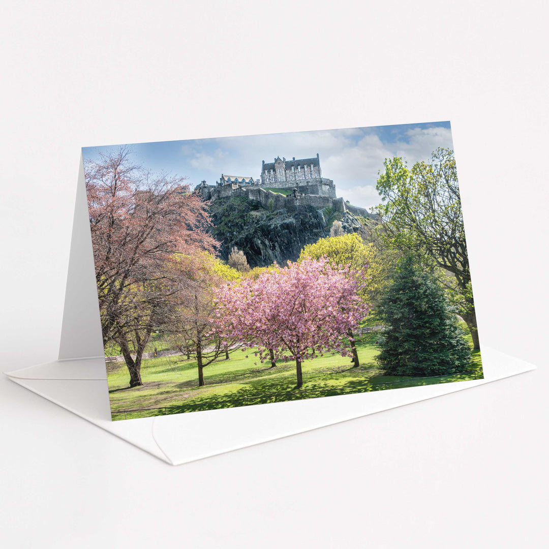 Greeting card with a scenic view of a castle on a hill with cherry blossom trees in the foreground.