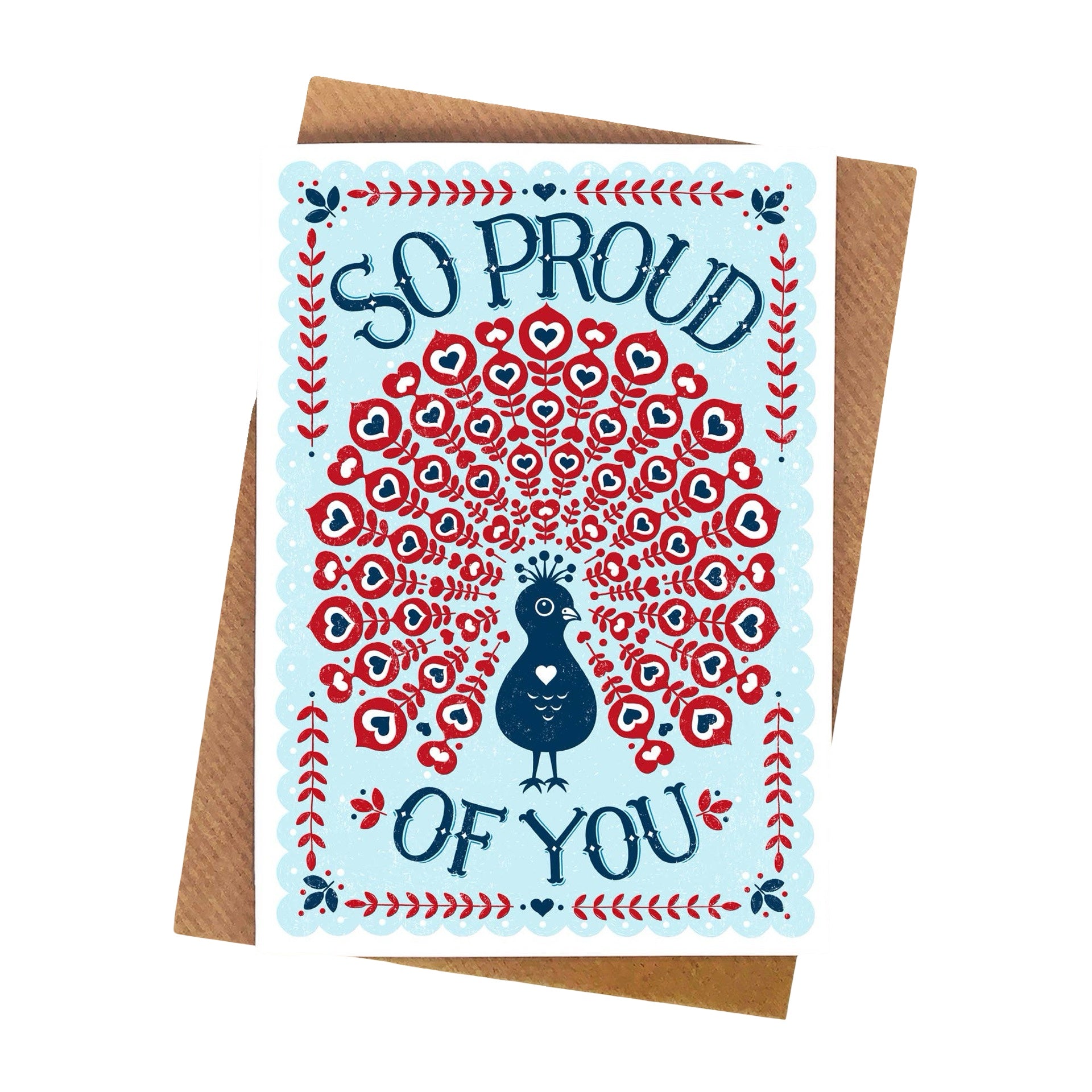 Greeting card with peacock design and 'So Proud of You' text on a white background.