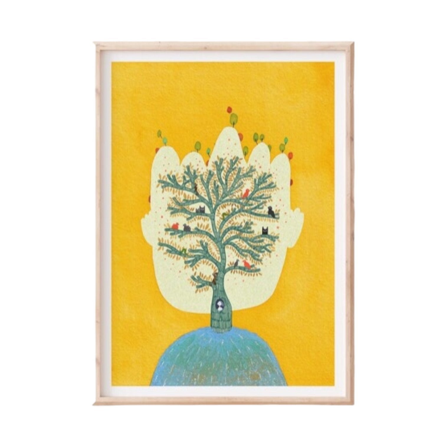 Folk print of a person dressed in blue with a tree housing lots of colourful birds for a head surrounded all against a mustard background.