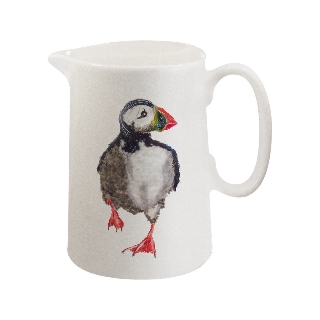 White fine-bone china milk jug featuring an illustration of a large puffin in the centre of the jug.