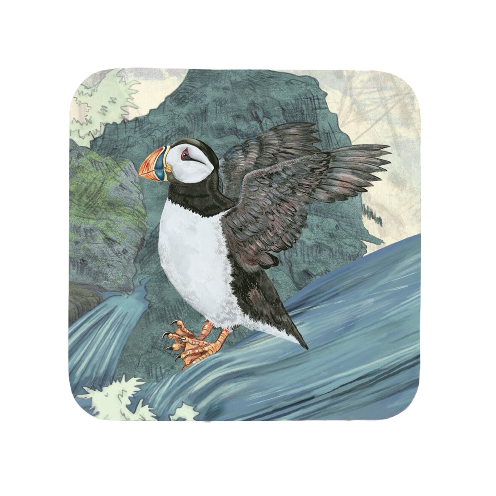 An image of a wooden coaster featuring a puffin in the sea.