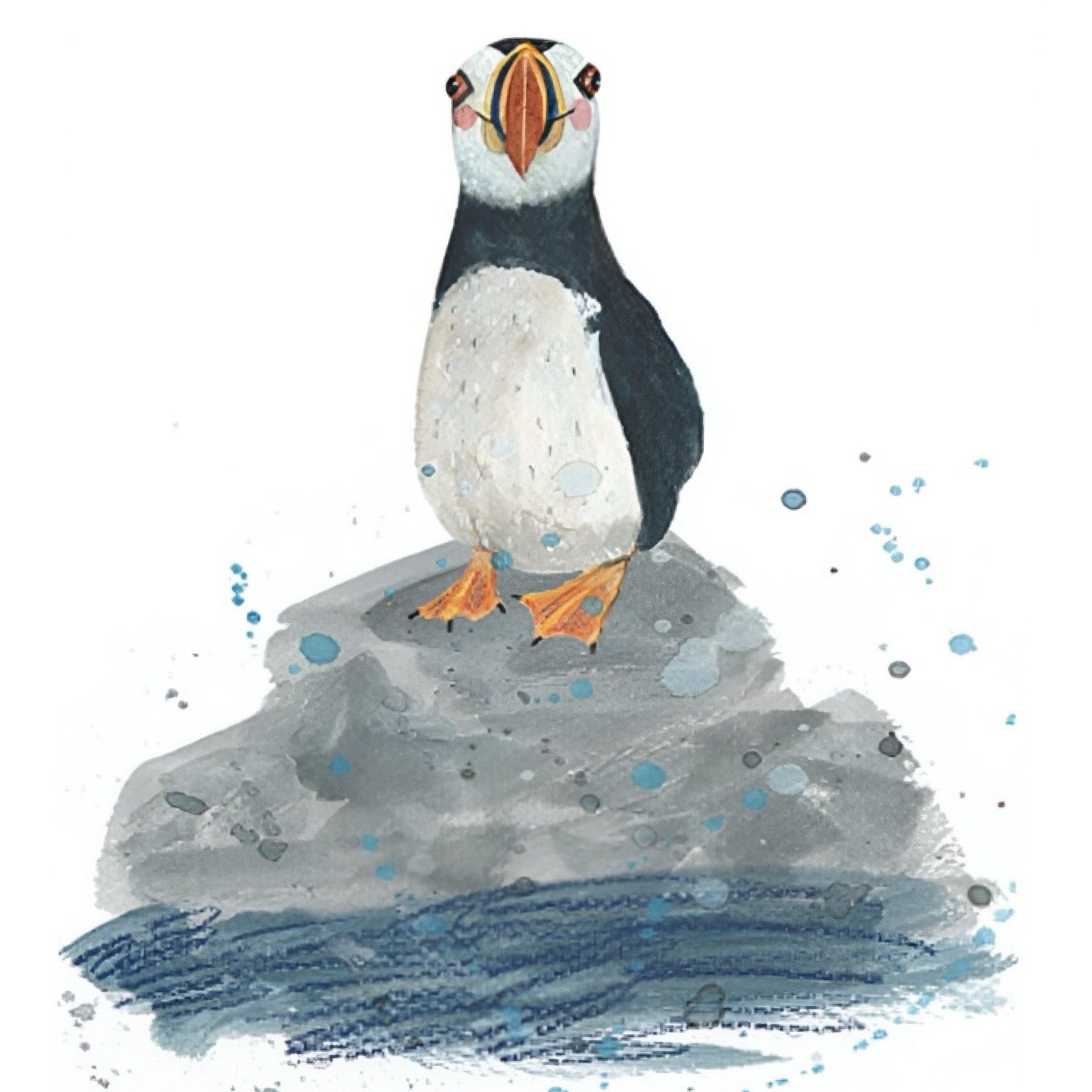 This print features a standing puffin perched on a rock in the sea, against a white background.