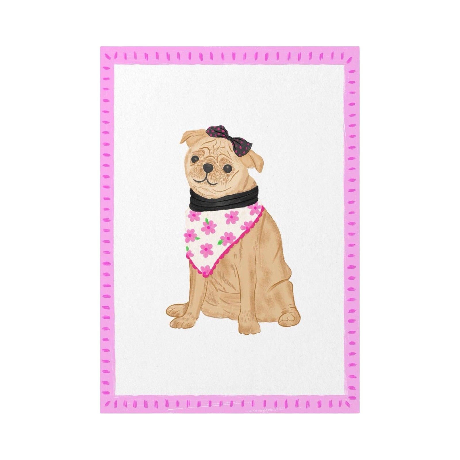 Illustration of a dog wearing a floral bandana with a pink border on a white background.