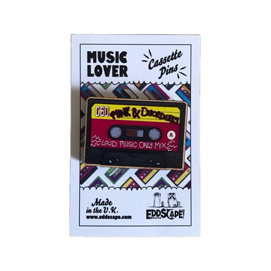 Music Lover Pin badge featuring an illustration of a classic cassette mixtape titled - Punk & Disorderly