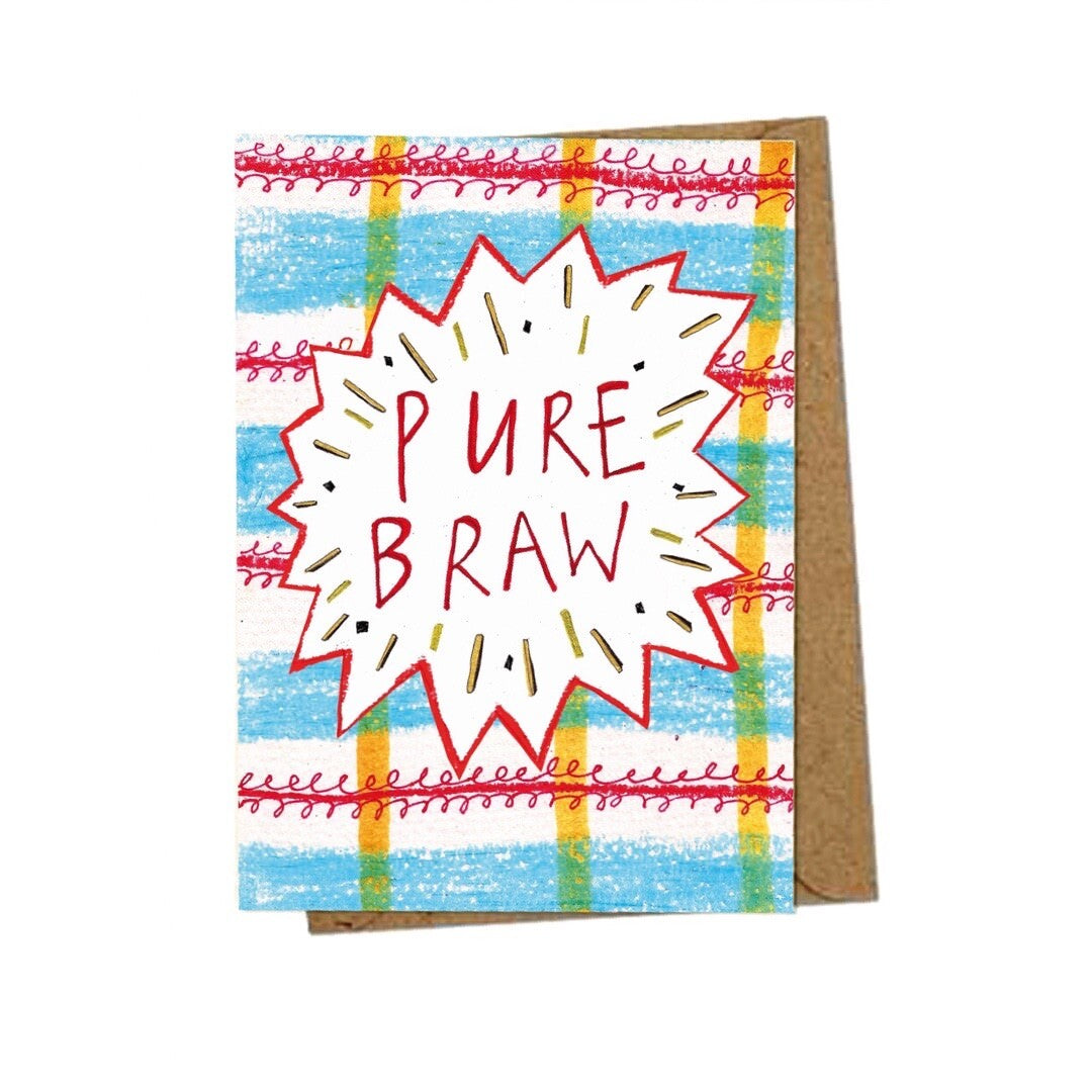 Card with the text 'Pure Braw' inside a white pointy-edged circle on a blue and red tartan background.