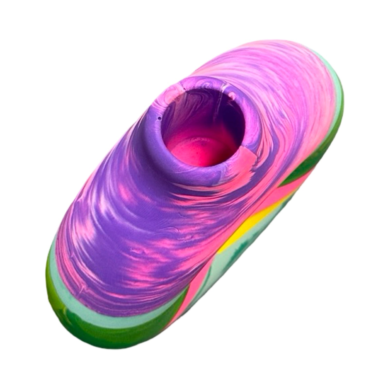 Colorful vase with swirling pattern on a white background.