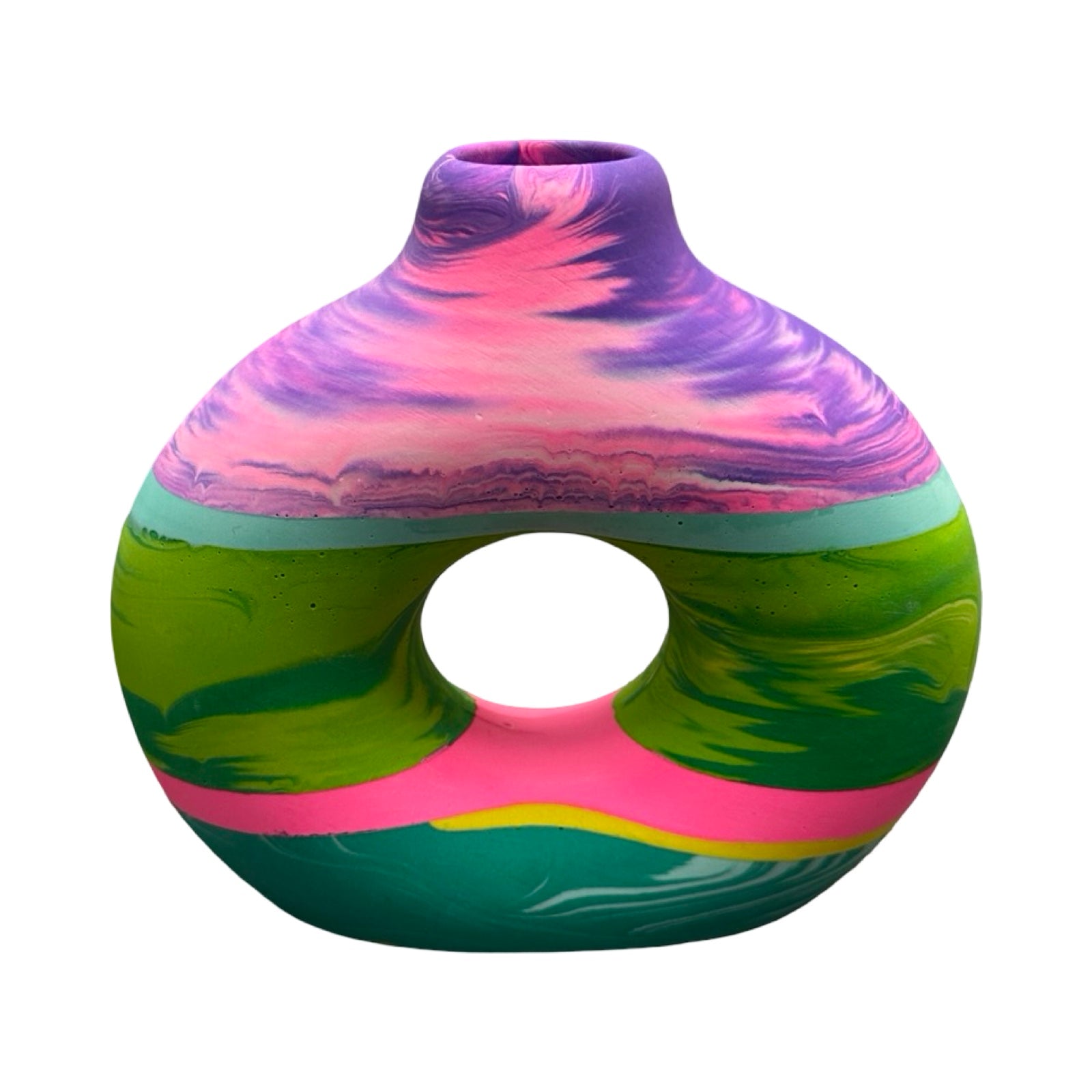 Colorful marbled vase with a hole in the center on a white background.