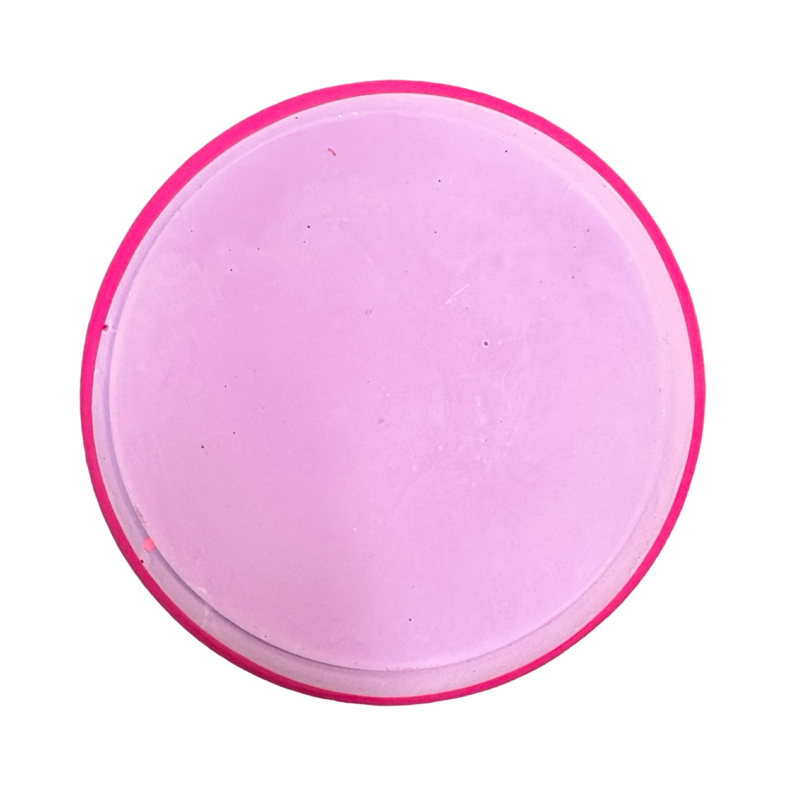 Pink circular bottom of bowl with a pink rim on a white background.