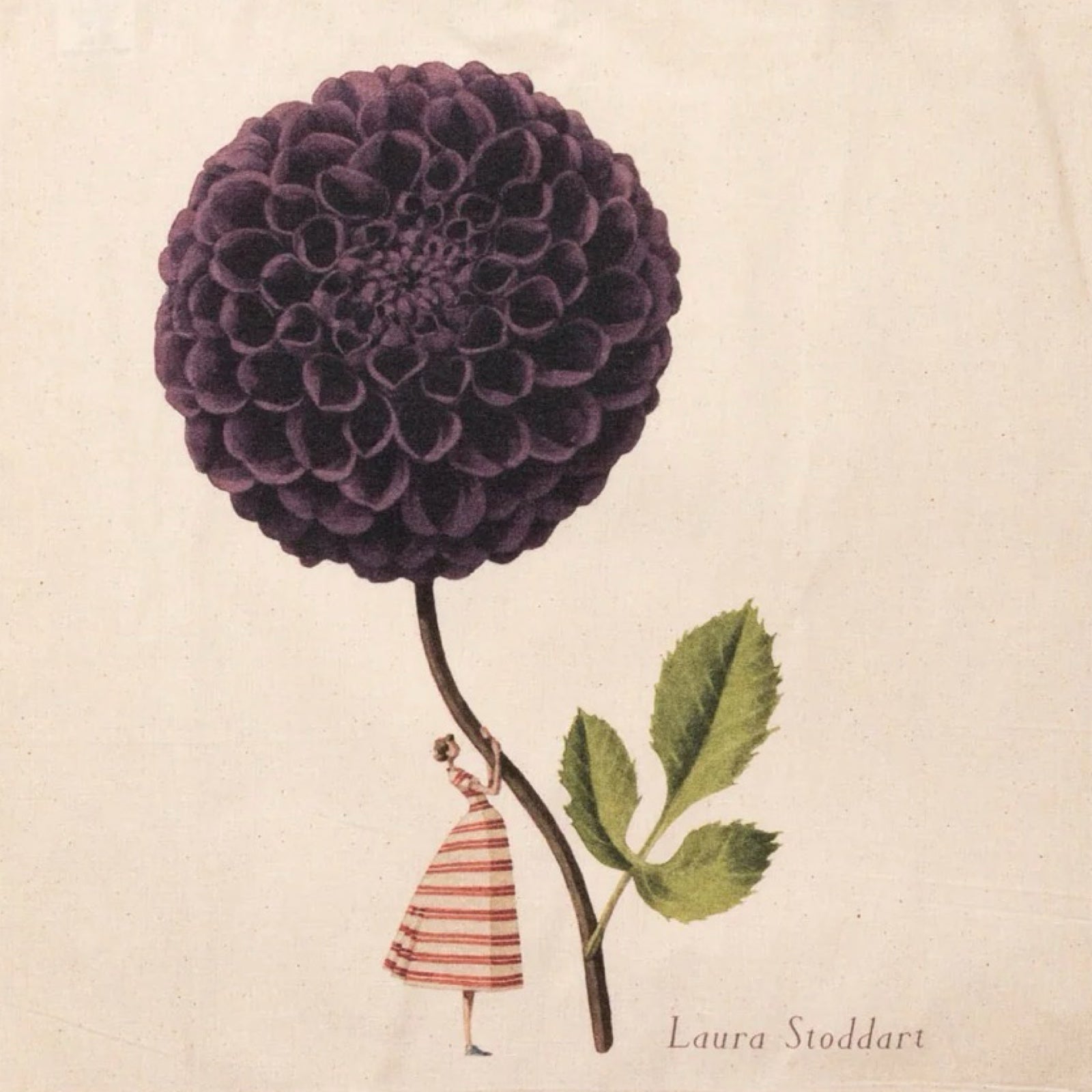 Illustration of a purple flower with a small figure in a red and white striped dress, signed 'Laura Stoddart'.