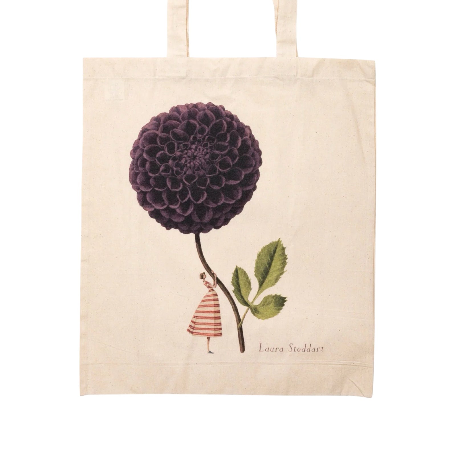 Tote bag with a purple flower and small figure design on a beige background.