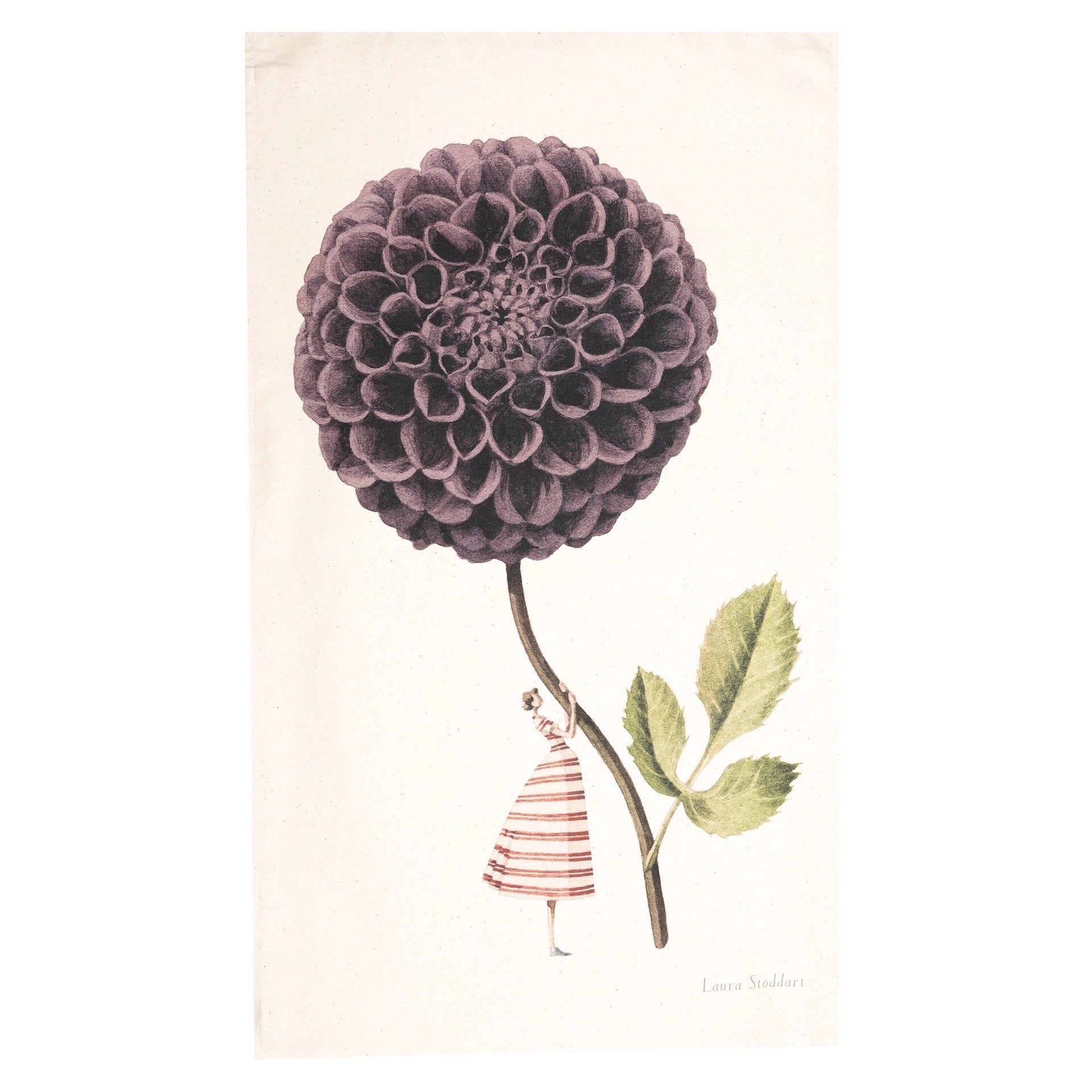Floral tea towel featuring an illustration of a lady holding a giant purple dahlia flower.