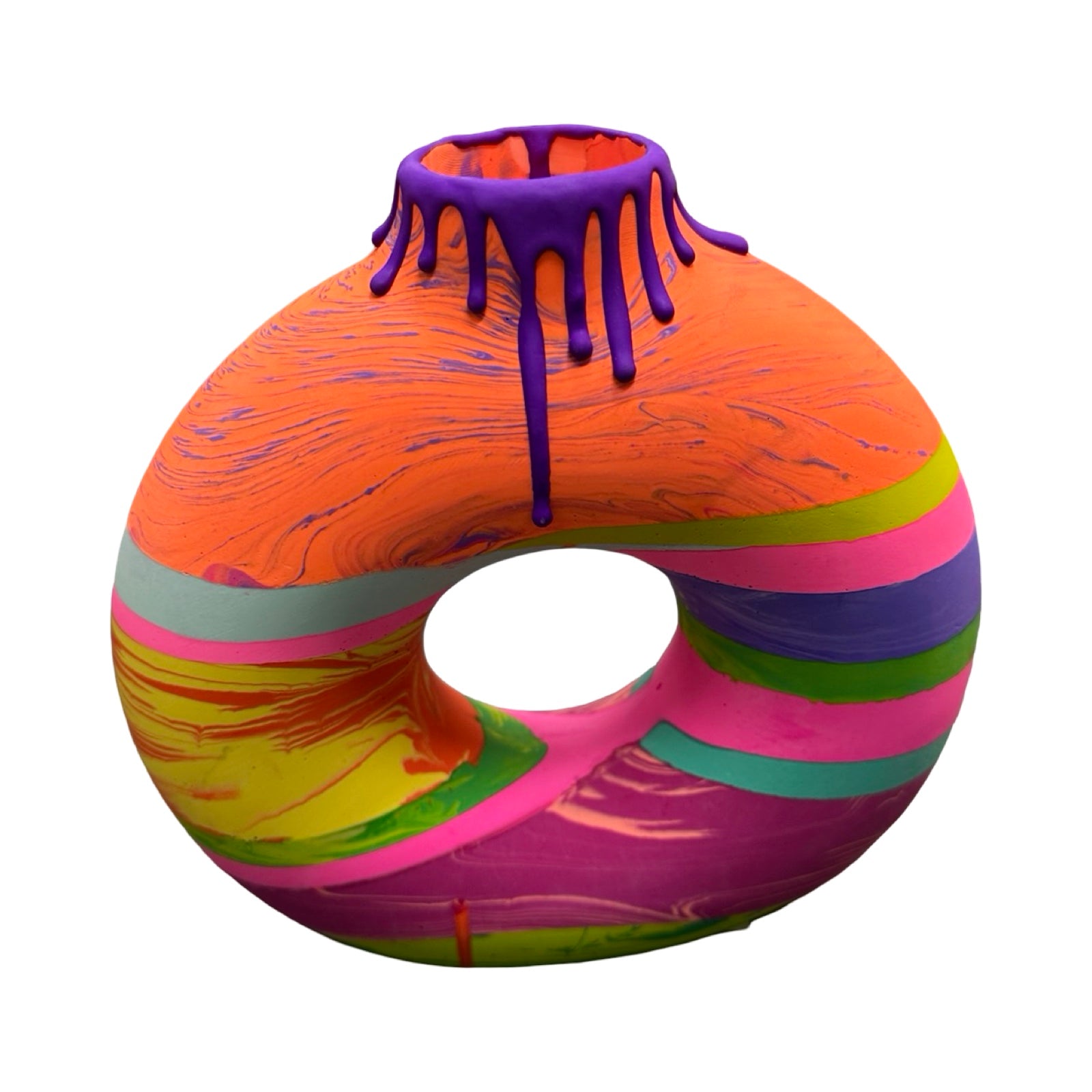 Colorful vase with a unique orange and purple design on a white background.