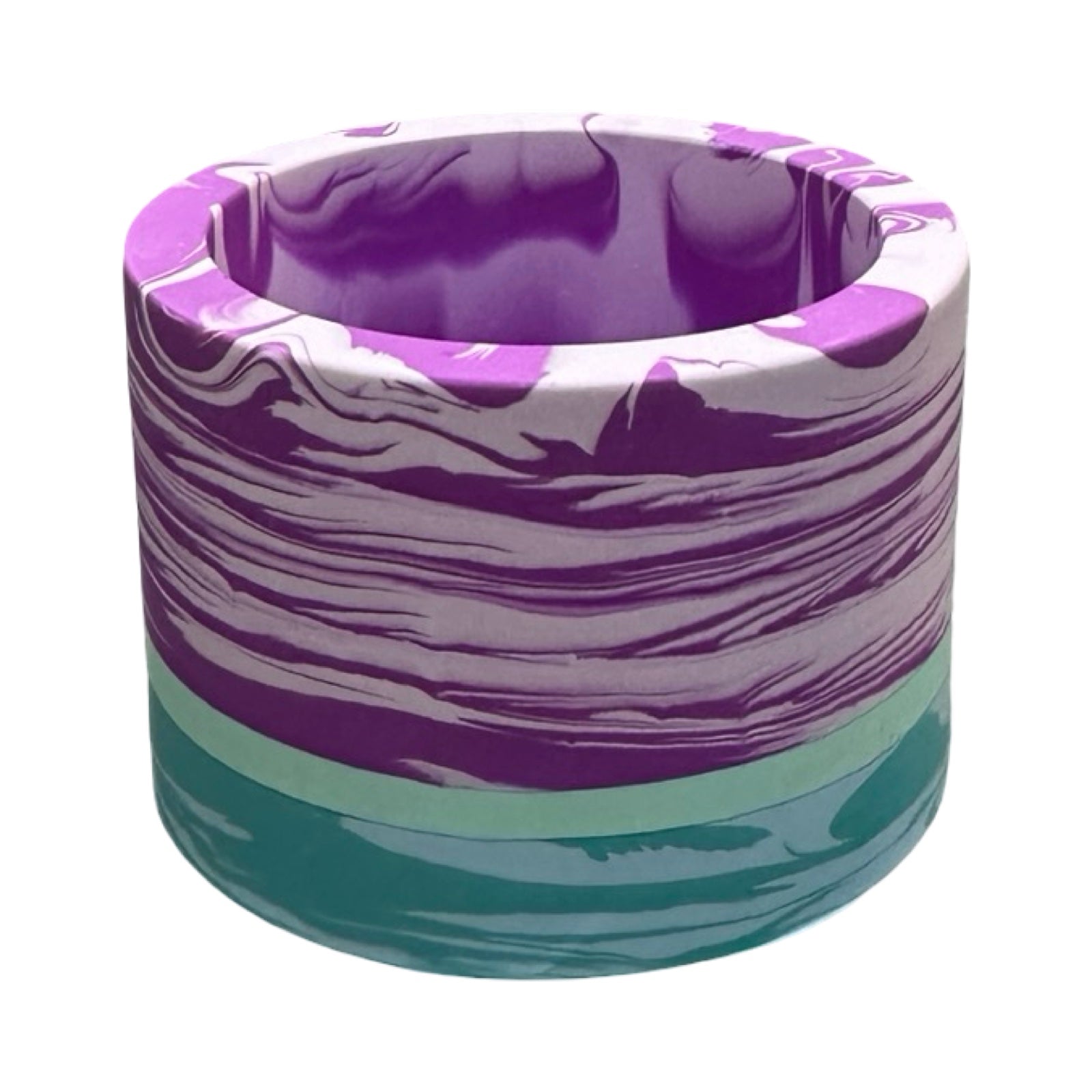 Marbled purple and teal container on a white background.