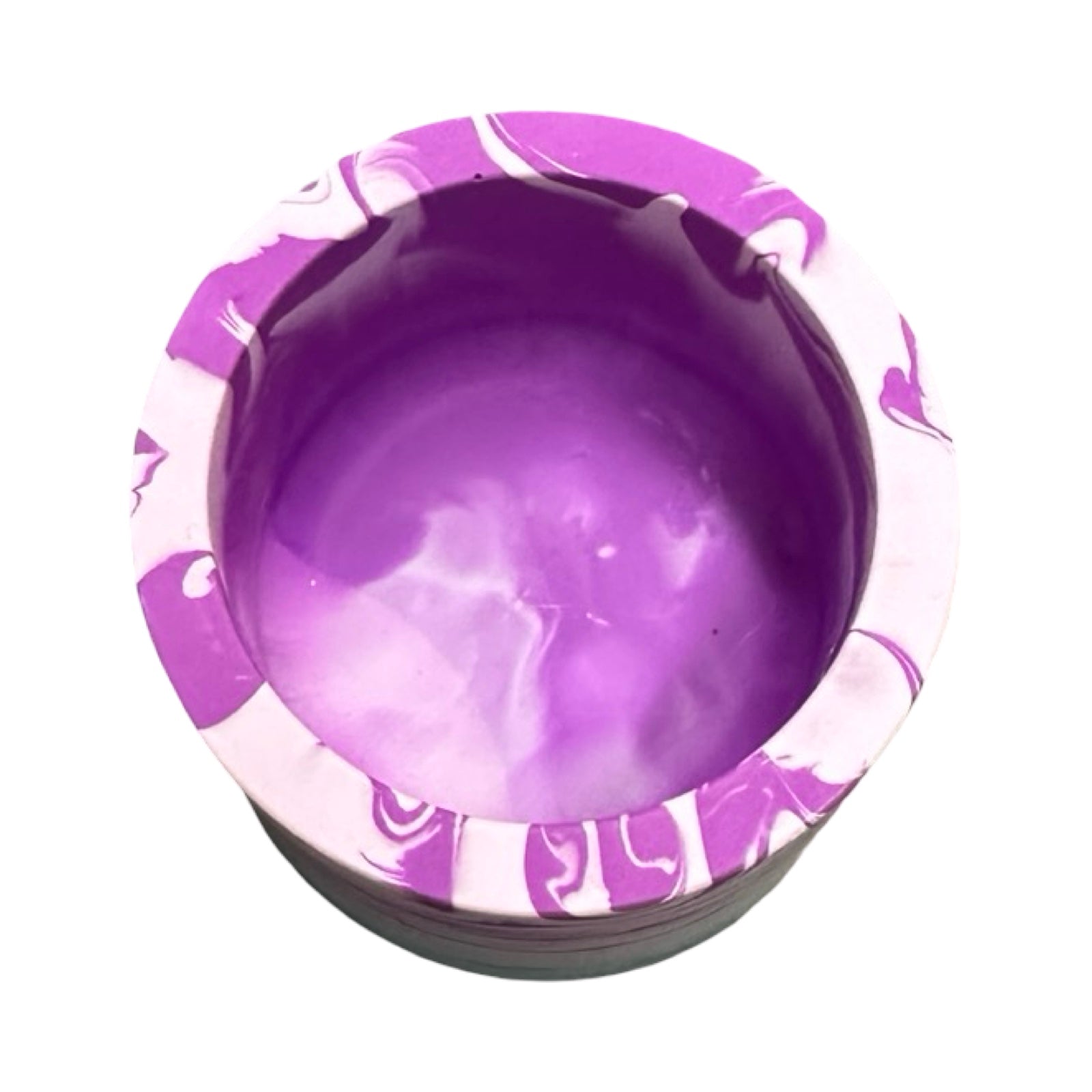 Purple ashtray with decorative purple inside on a white background.
