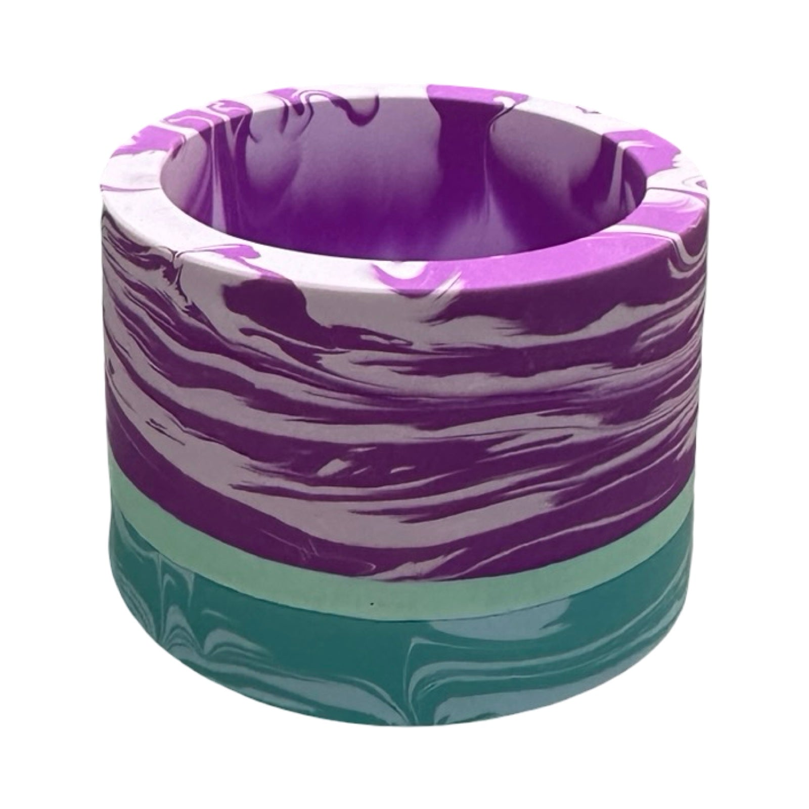 Marbled purple and teal pot on a white background.