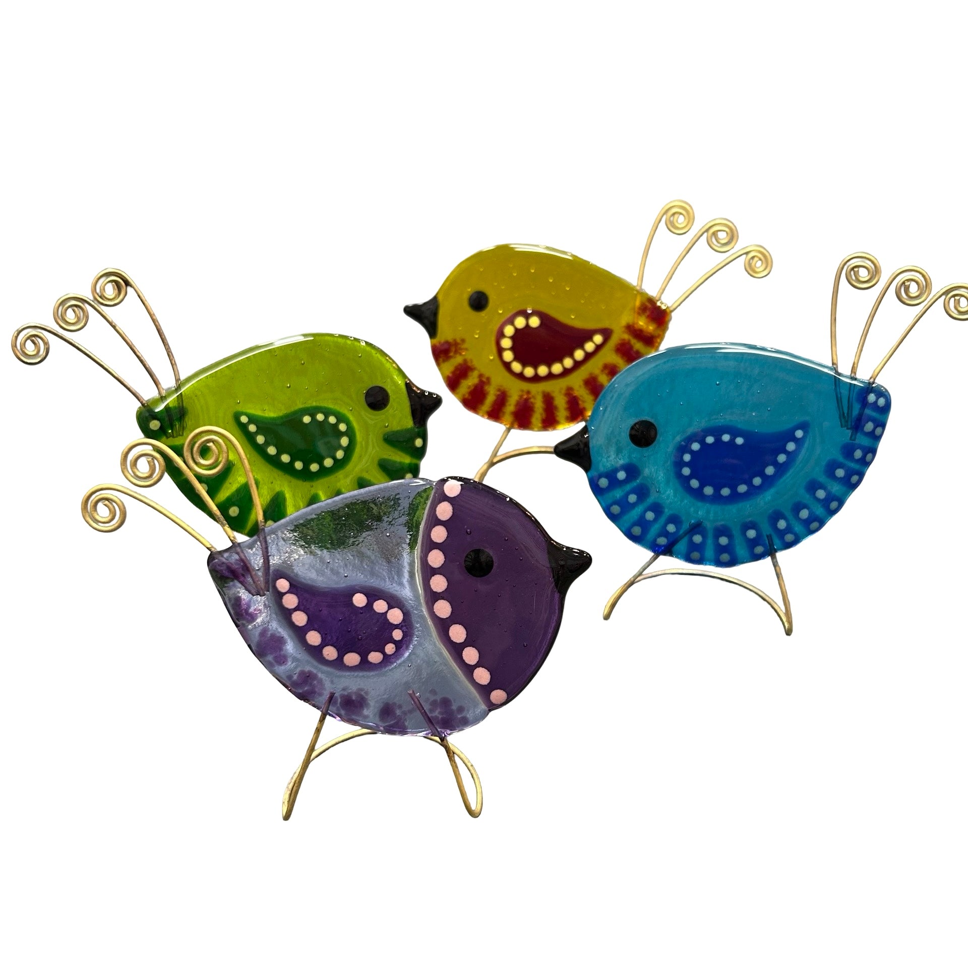 Colorful glass birds on a white background.