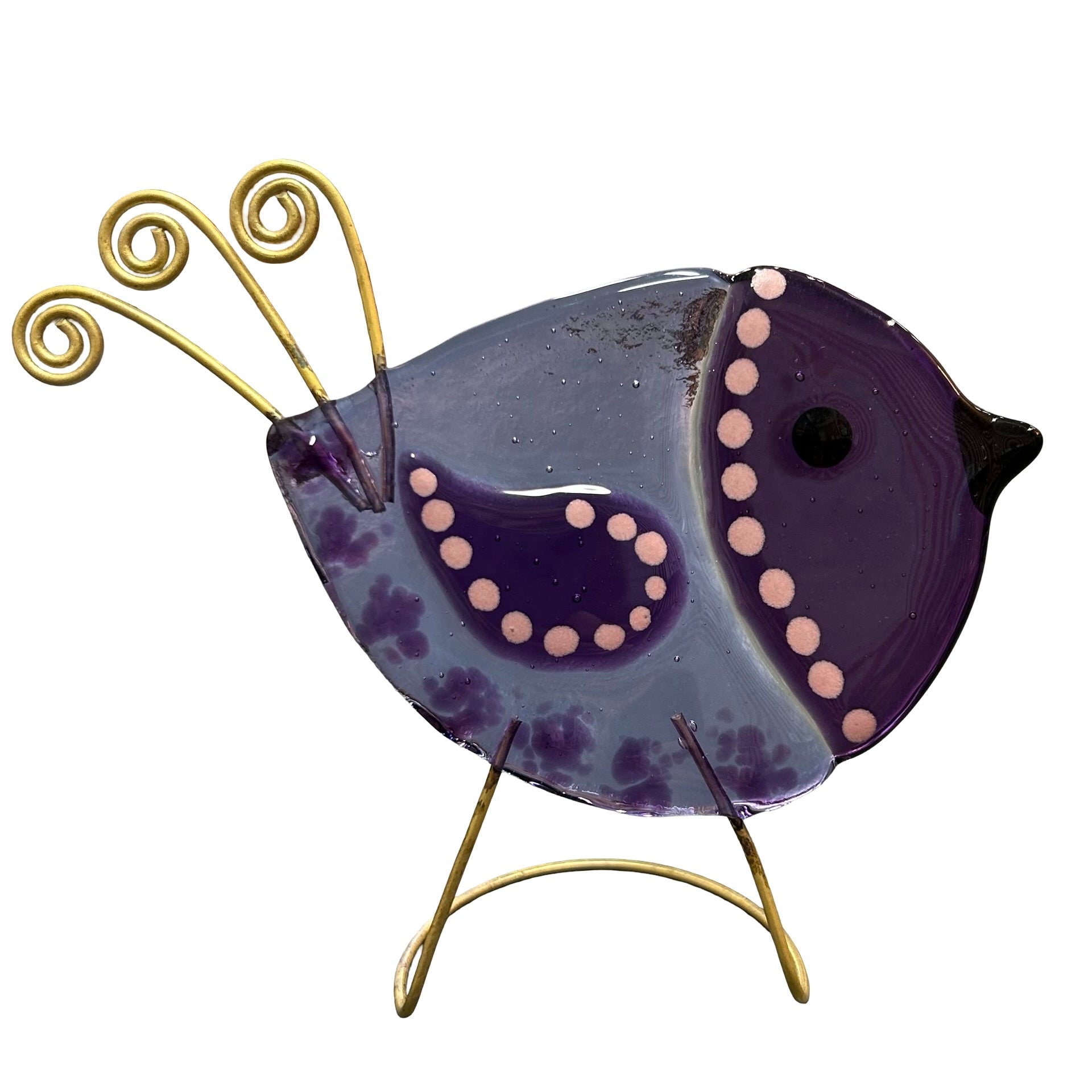 Decorative glass bird with gold stand on a white background.