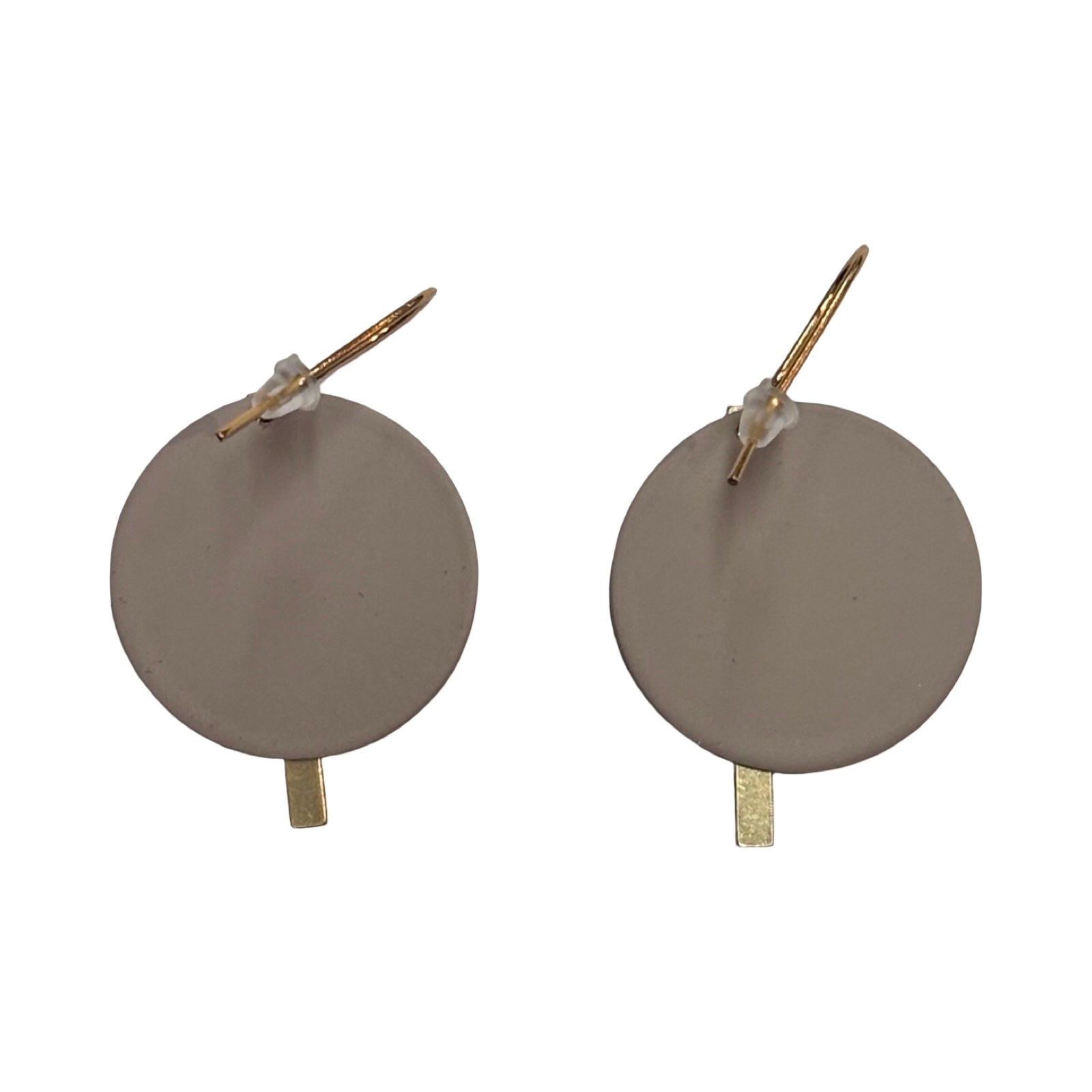 Pair of round earrings with gold accents on a white background.