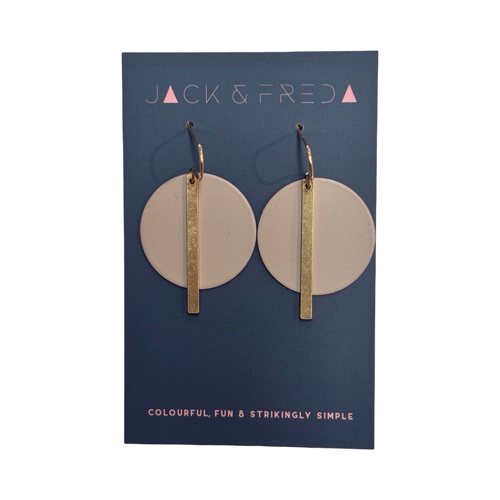 Pair of earrings on a Jack & Fred branded card with a blue background.