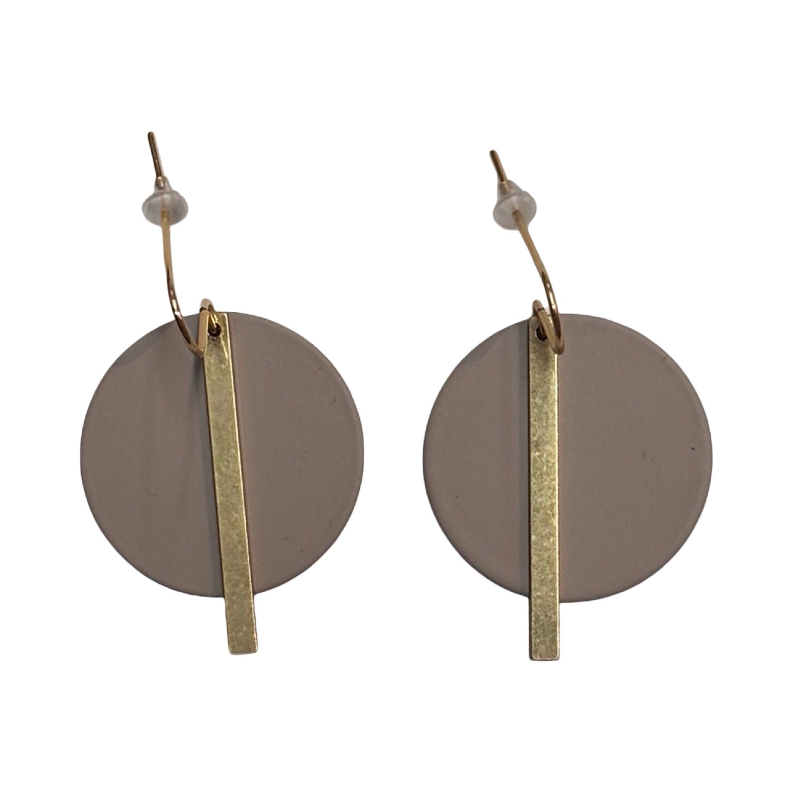Pair of round earrings with gold accents on a white background.