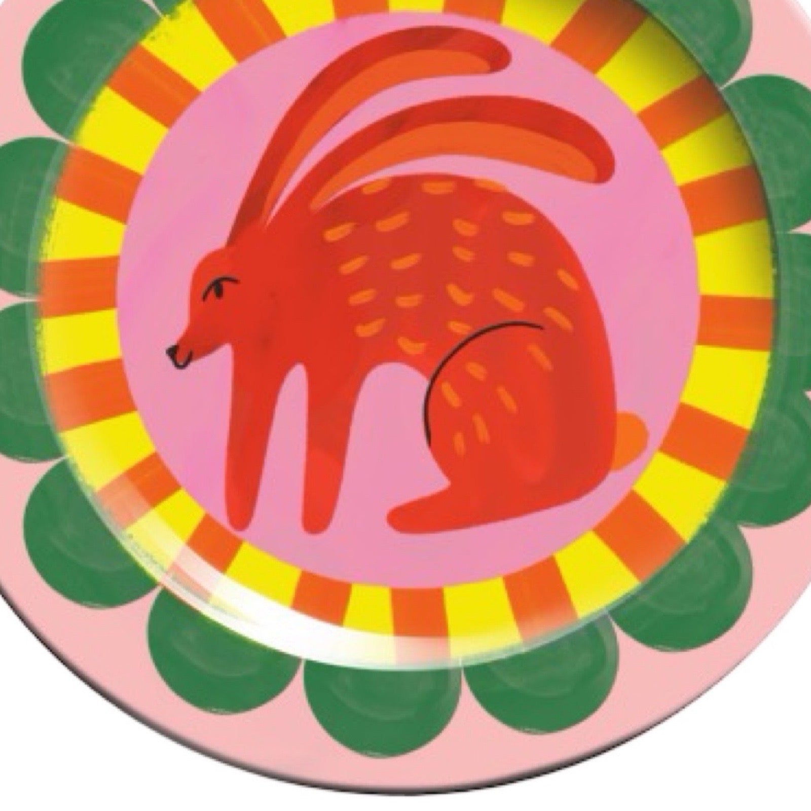 Colourful children's plate with a red rabbit design on a multicoloured background.