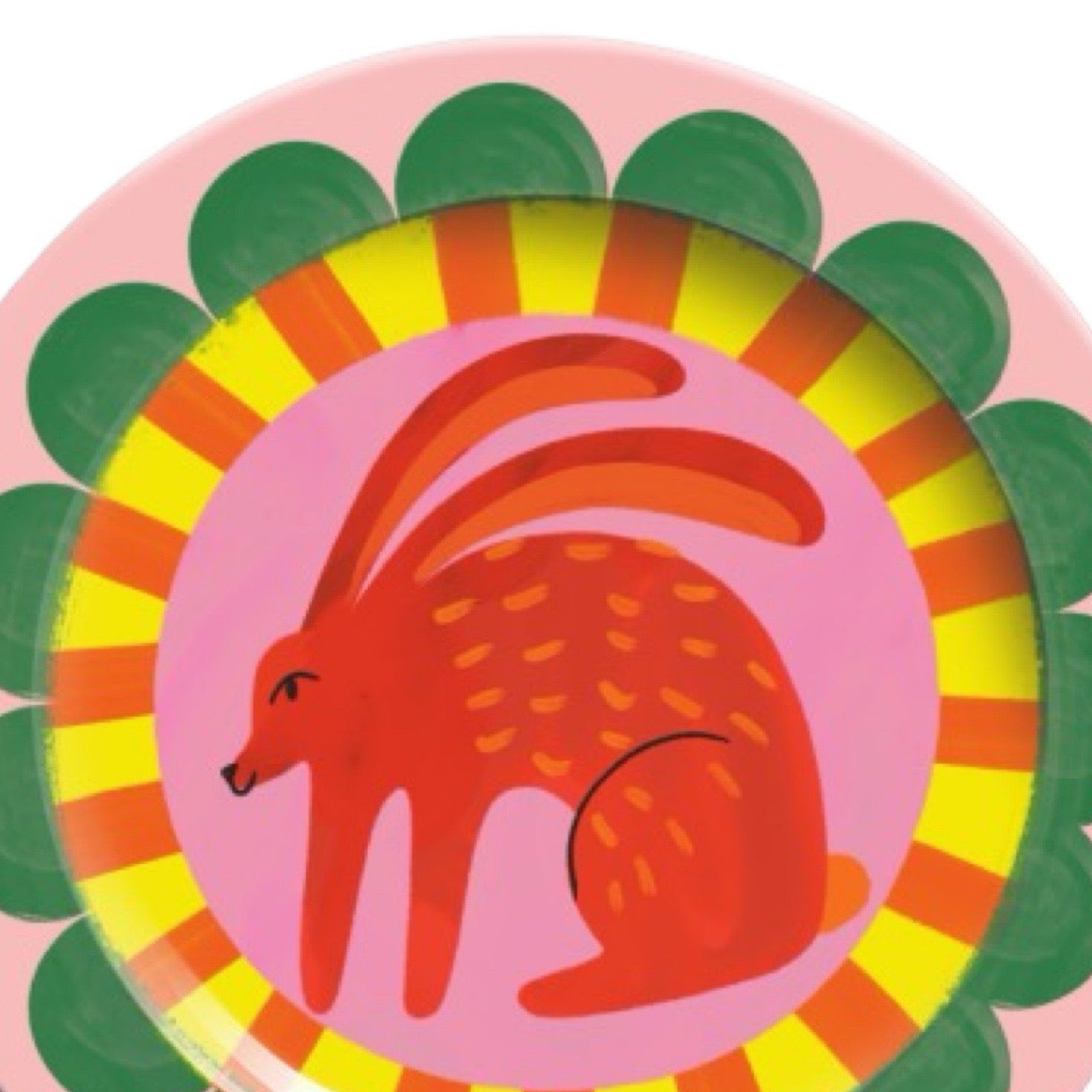 Colourful children's plate with a red rabbit design on a multicoloured background.