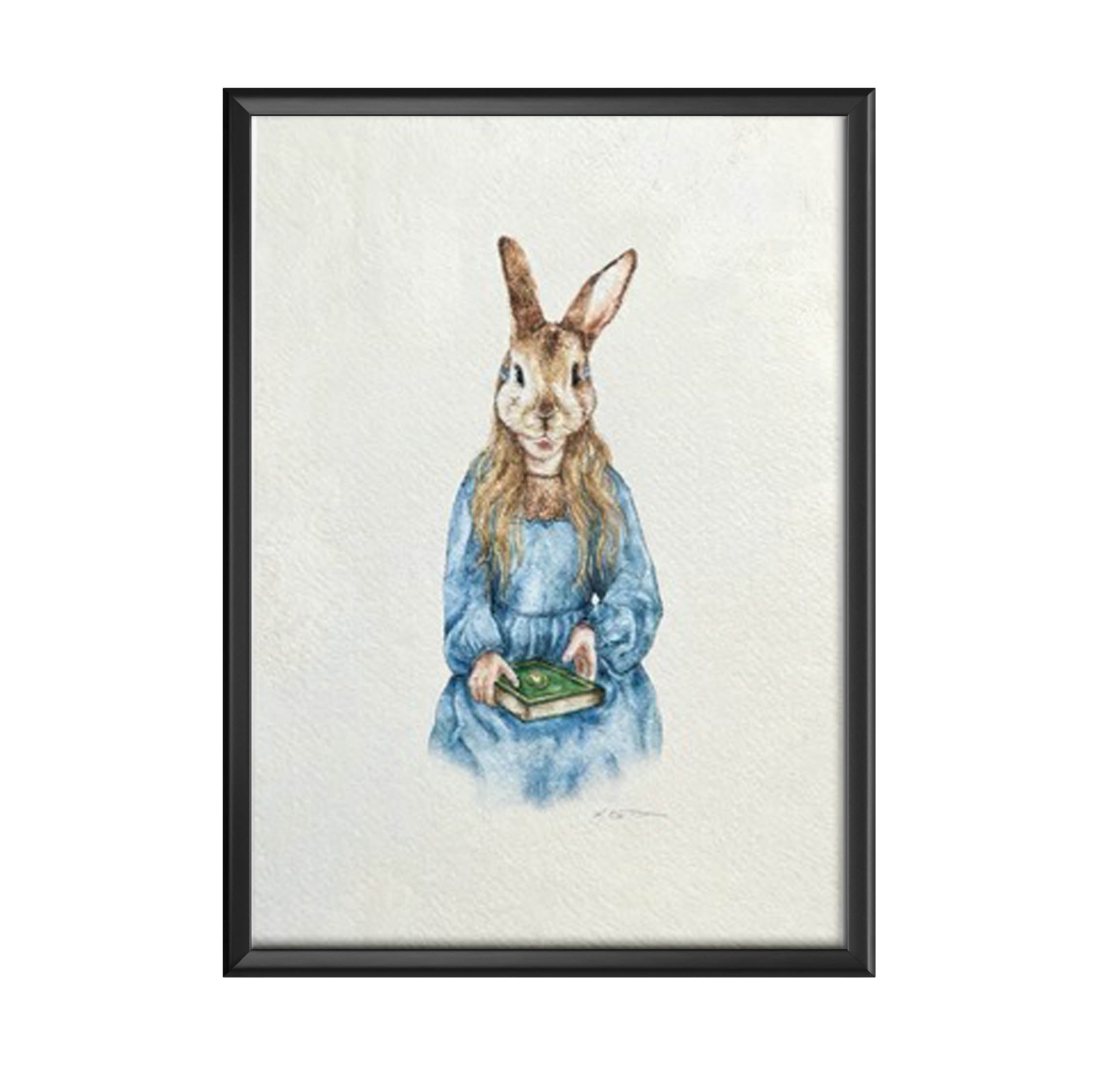 Framed artwork of a rabbit character in a blue dress holding a book on a textured white background.