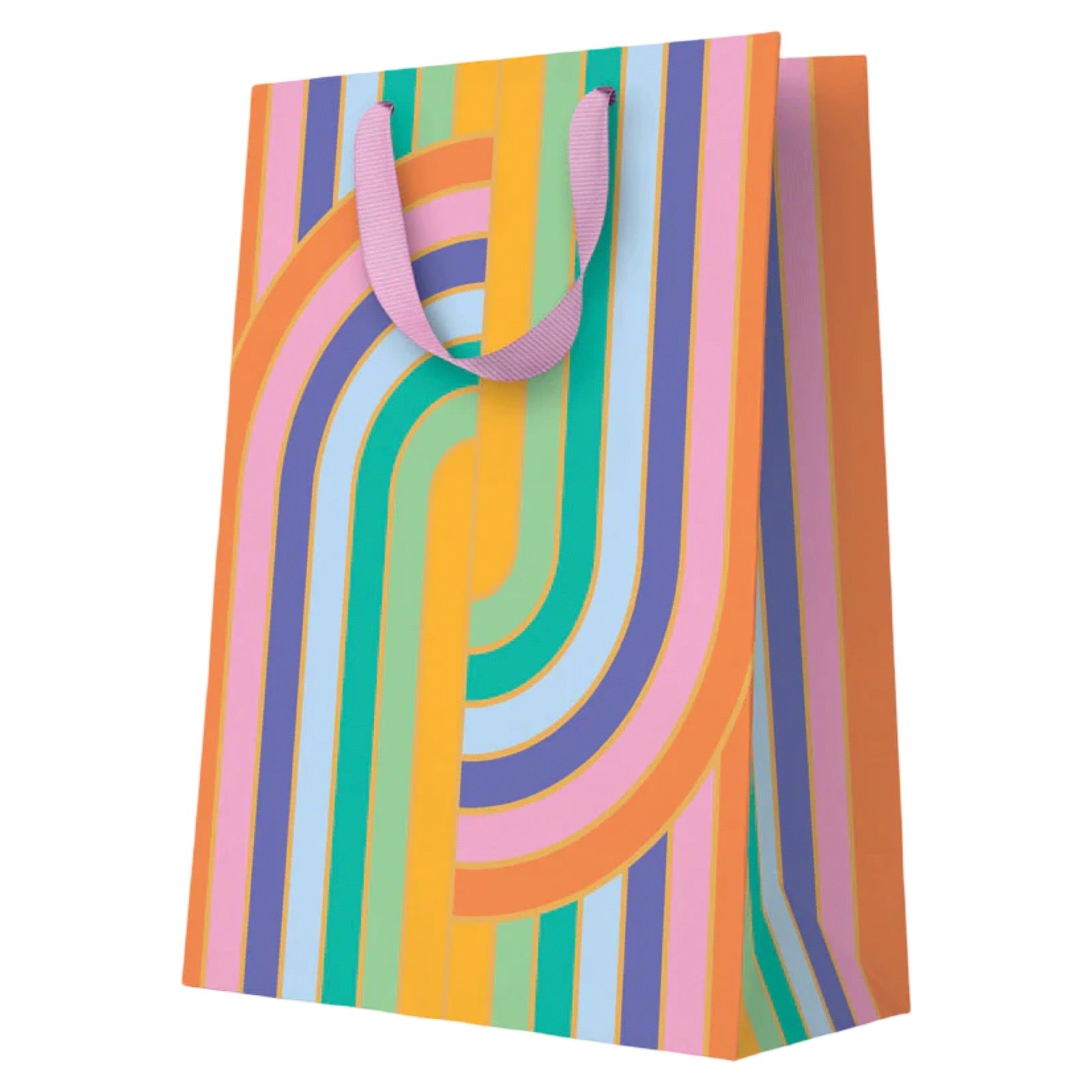 A tall paper gift bag with a colorful retro wavy stripe pattern in pink, orange, yellow, green, blue, and purple, featuring light pink handles, shown on a plain white background.