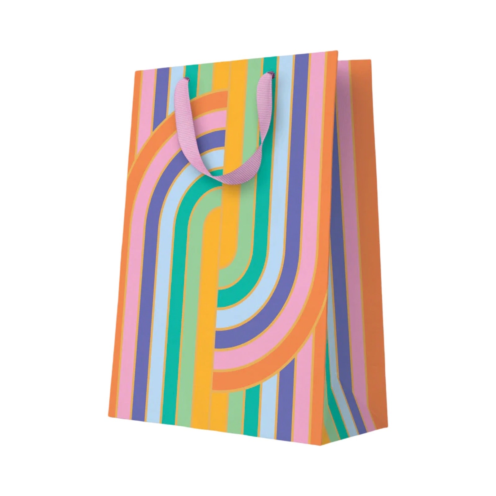 A tall paper gift bag with a colourful retro wavy stripe pattern in pink, orange, yellow, green, blue, and purple, featuring light pink handles, set against a plain white background.