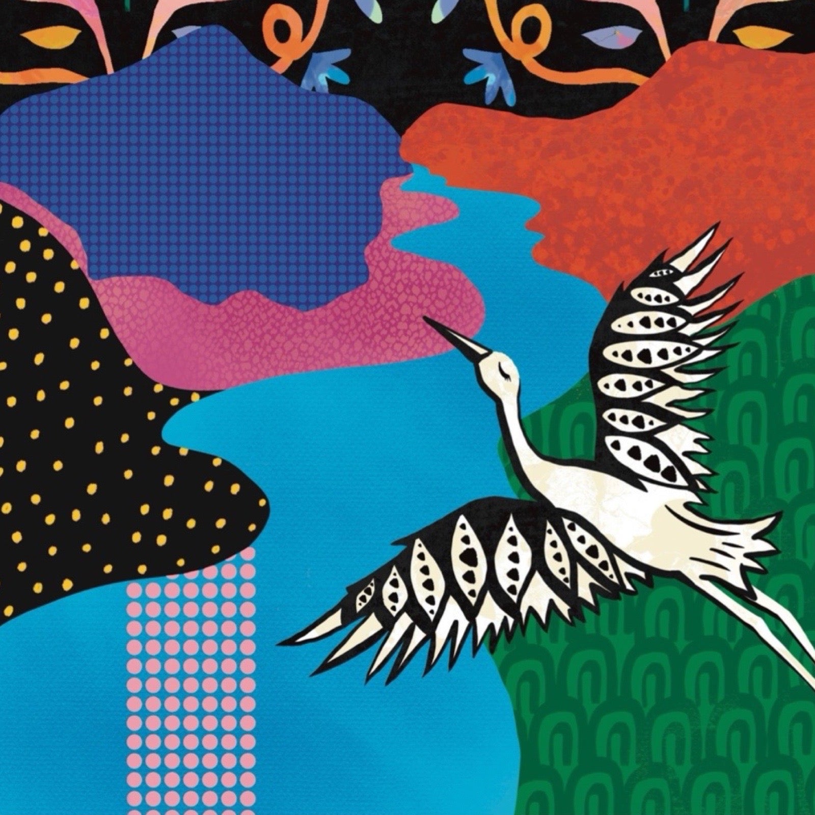 Colourful abstract art with a bird in flight.