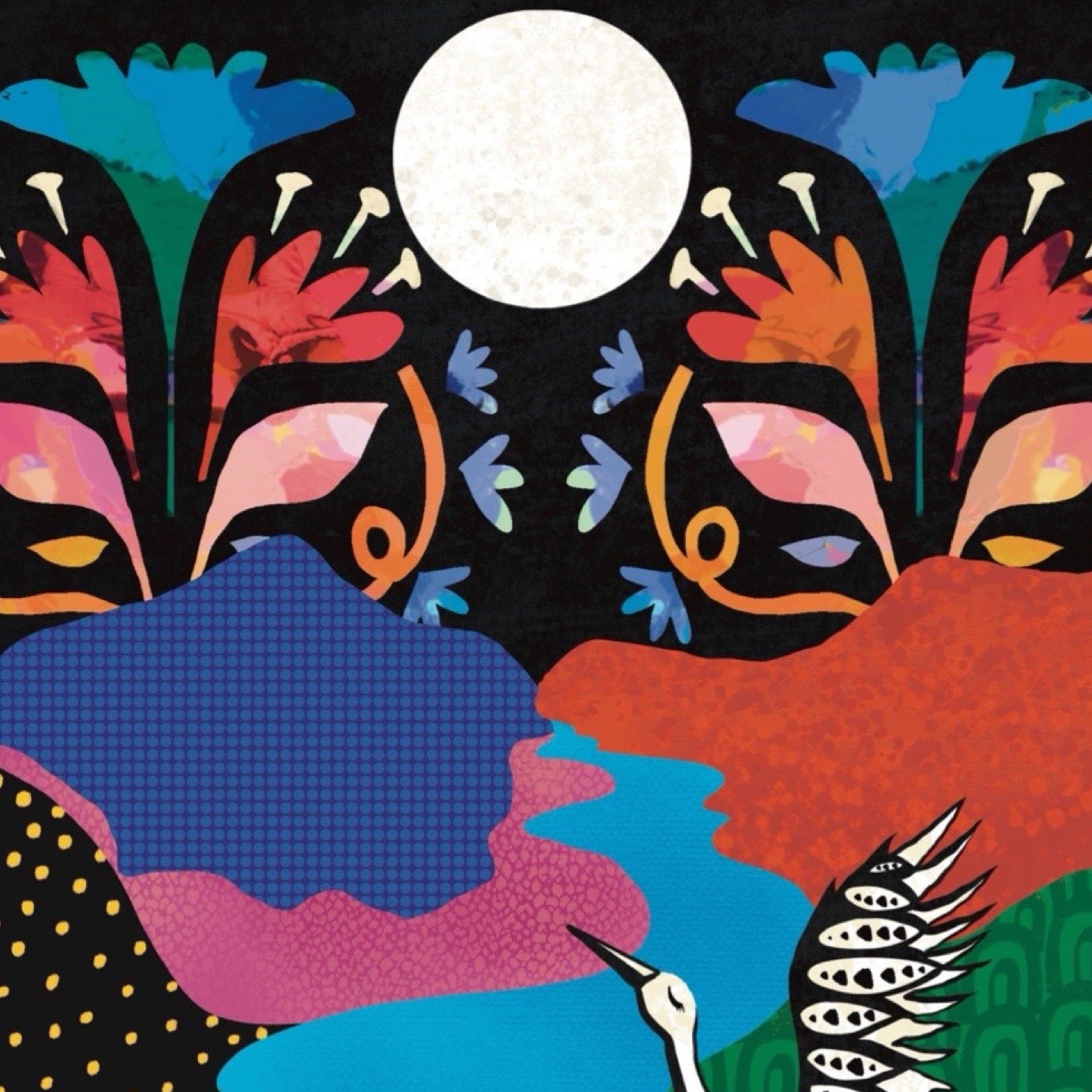 Colourful abstract artwork with a stylised landscape, moon, and bird.