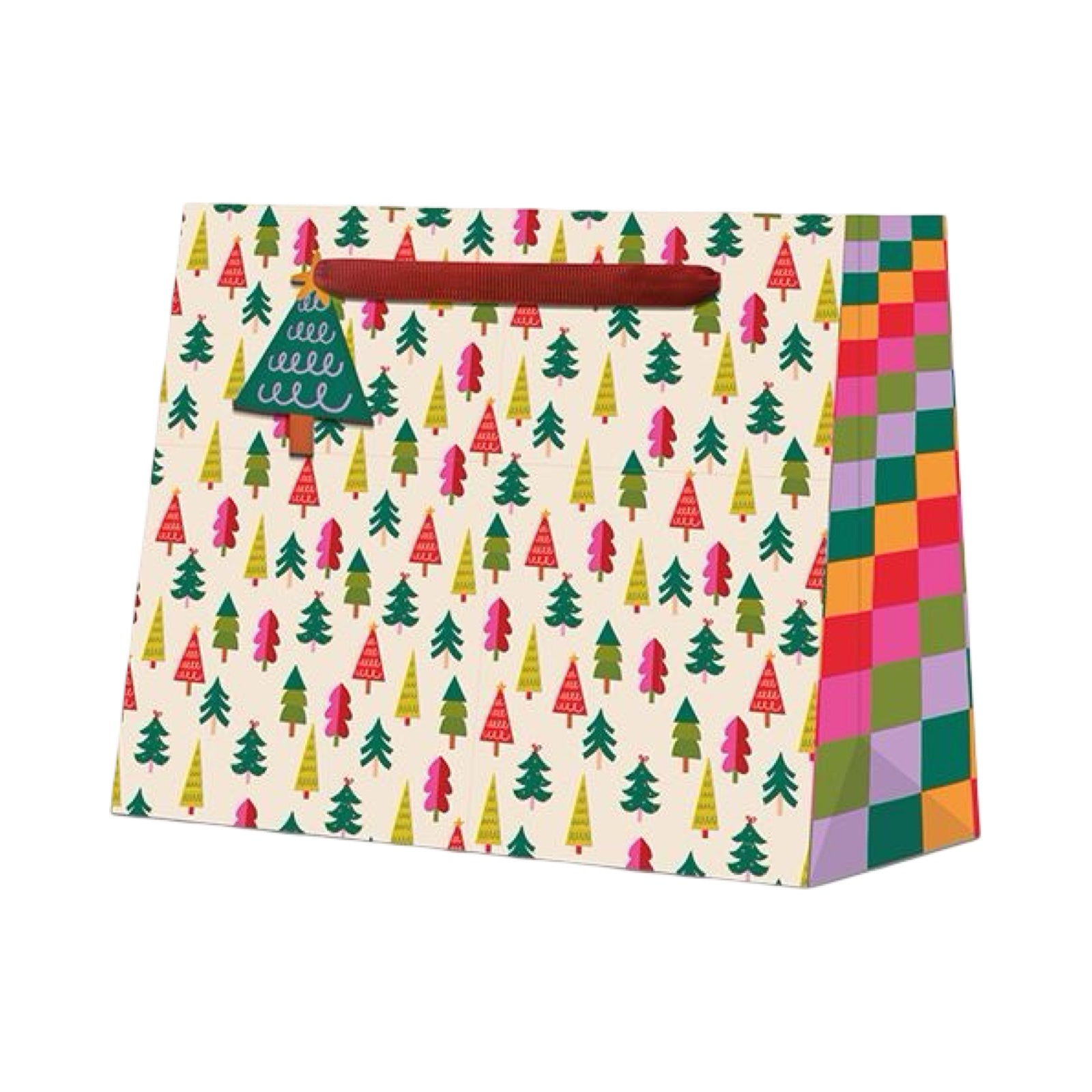 Christmas gift bag featuring multiple small Christmas trees in a rainbow of colours and multicoloured checked ends. Each bag comes with a red ribbon handle and a Christmas tree-shaped gift tag.