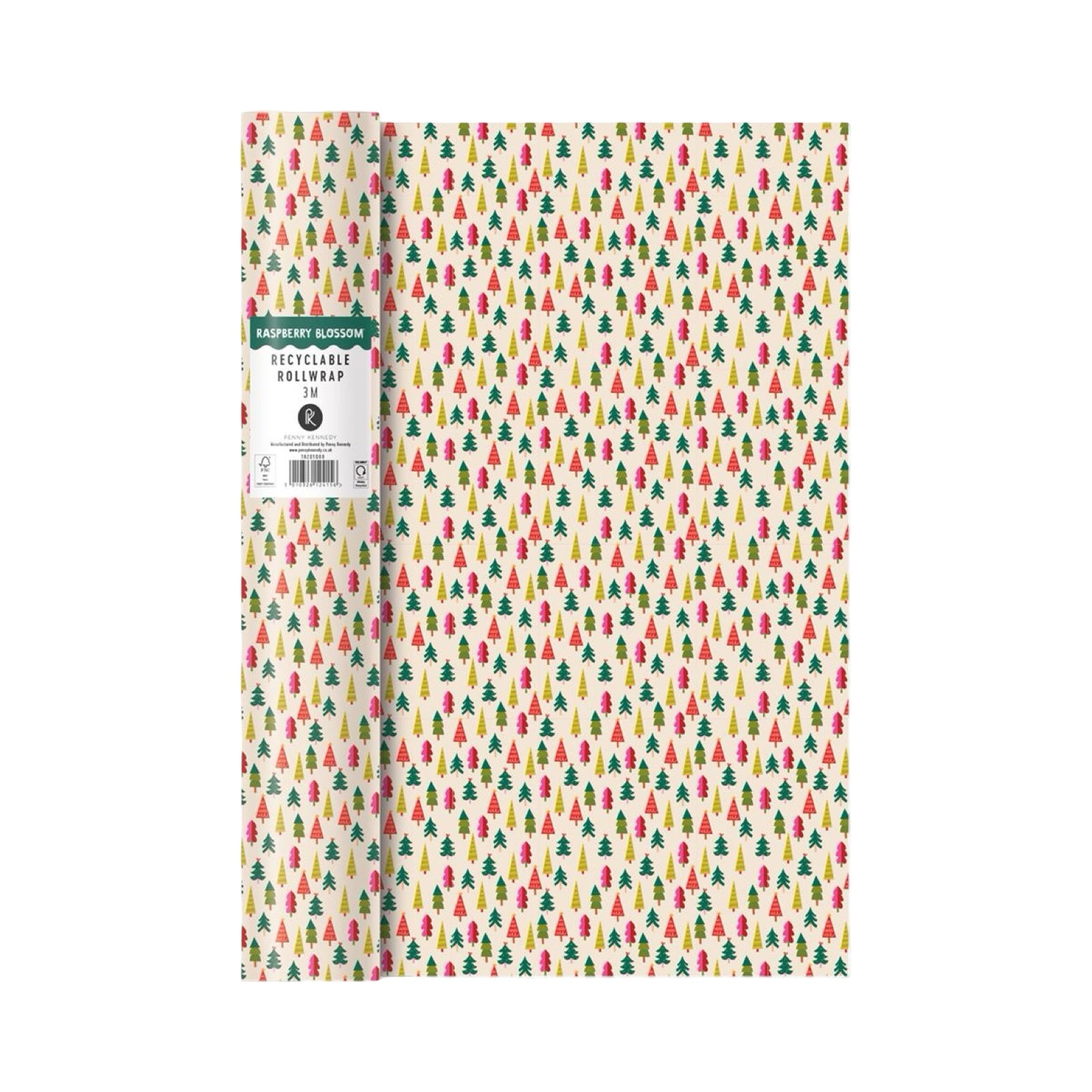 3m roll of Christmas gift wrap featuring small Christmas trees in a rainbow of colours against a cream background.