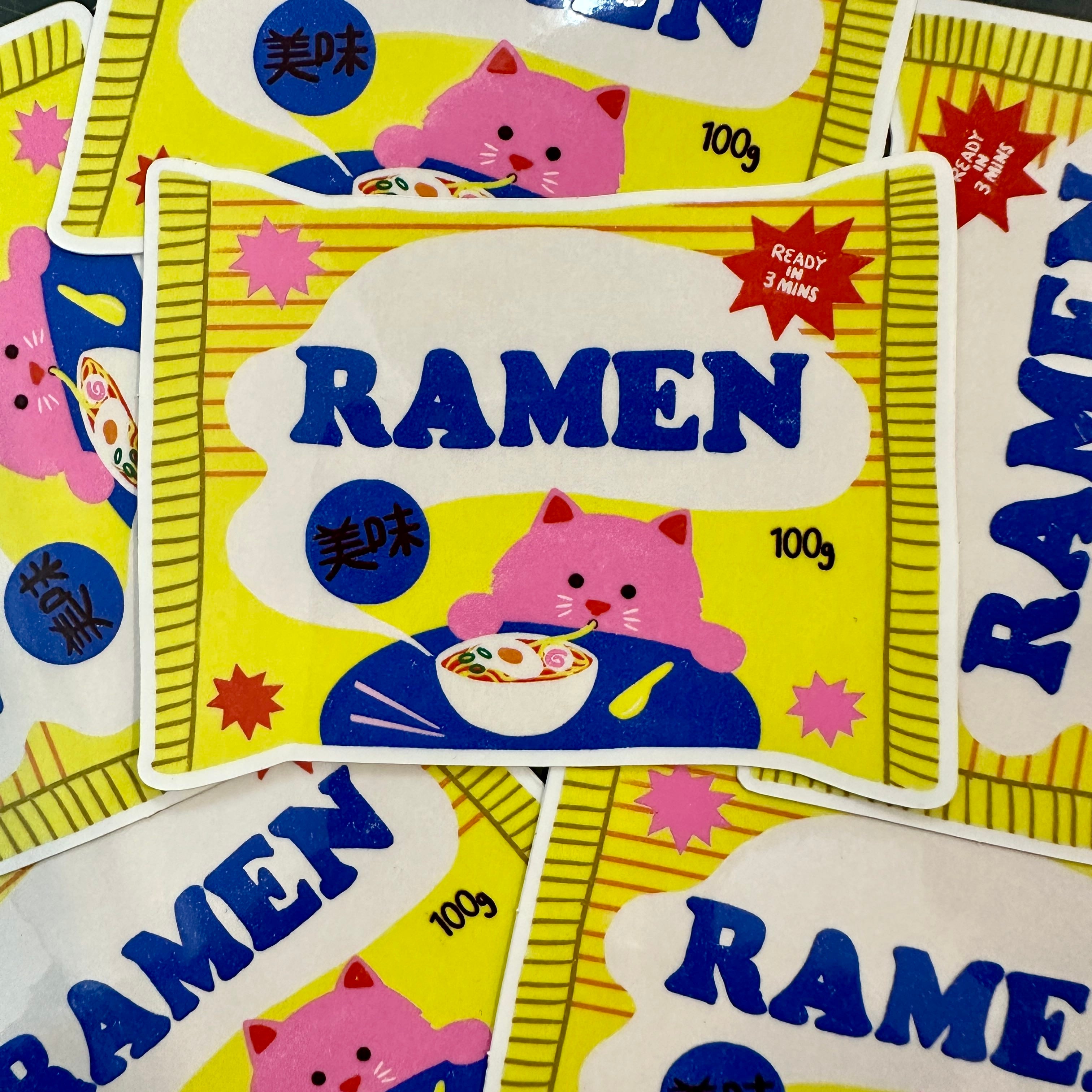 Cartoonish ramen noodle packages with pink characters on a yellow background.