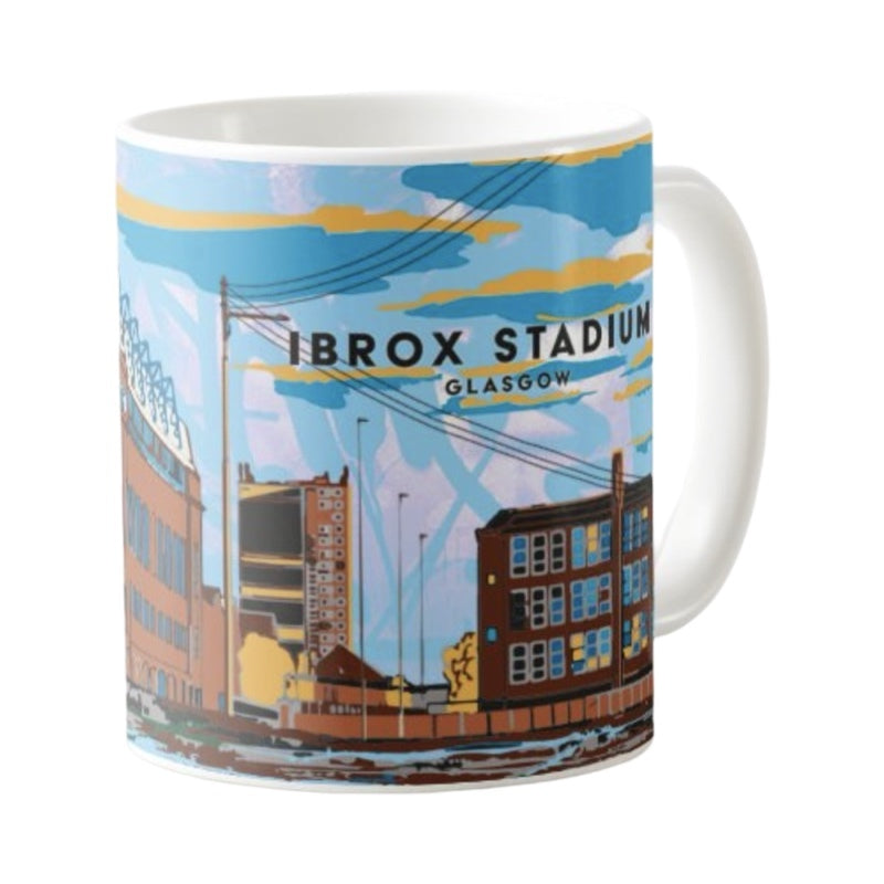 Mug featuring a panoramic artwork of Ibrox Stadium in Glasgow, home of Rangers Football Club