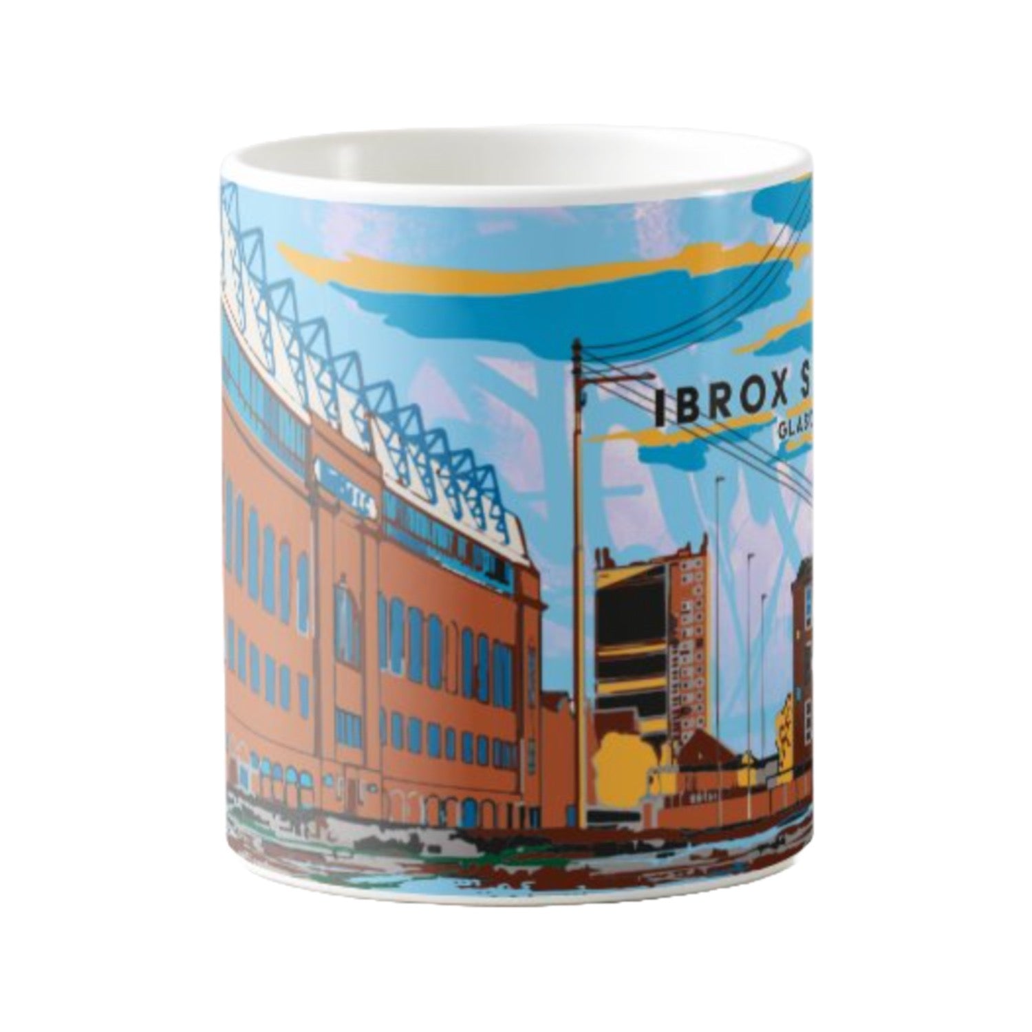 Mug featuring a panoramic artwork of Ibrox Stadium in Glasgow, home of Rangers Football Club