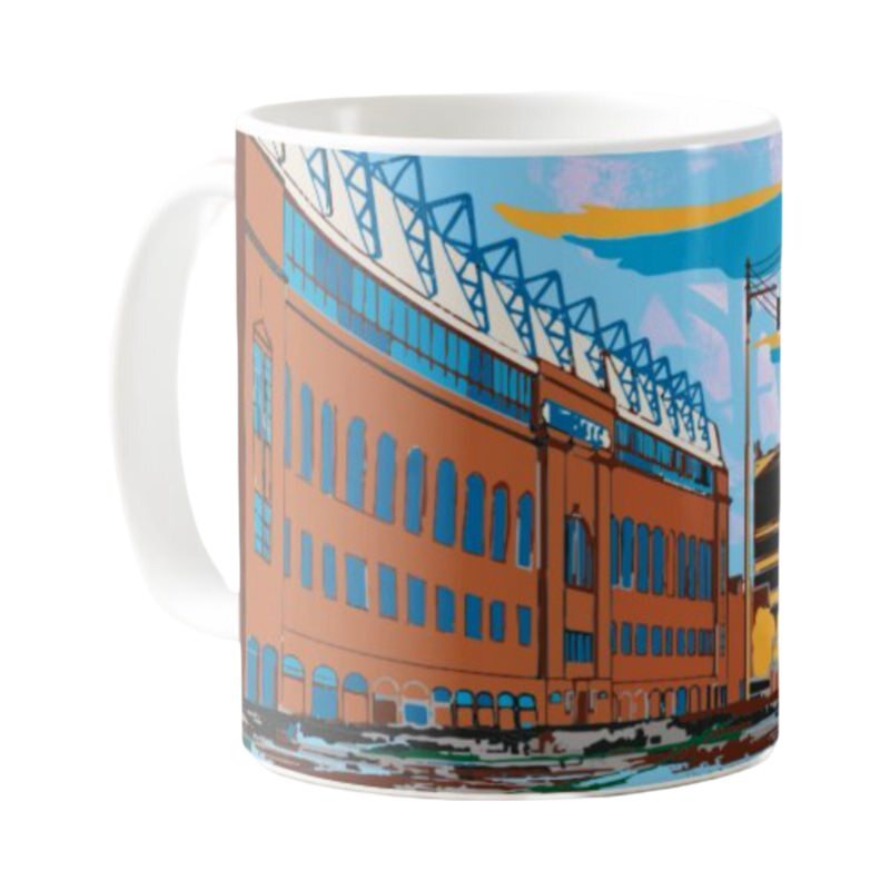 Mug featuring a panoramic artwork of Ibrox Stadium in Glasgow, home of Rangers Football Club
