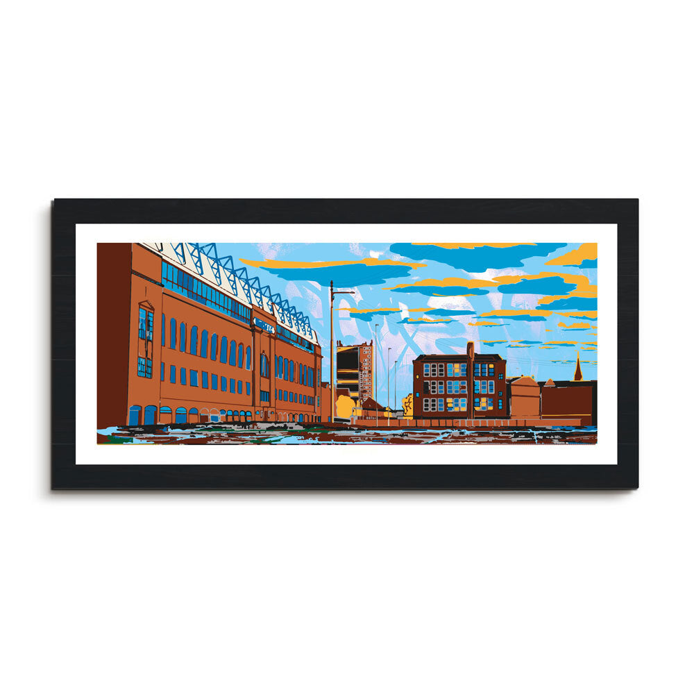 This is a panoramic print illustrating the Rangers Ibrox Stadium, Glasgow.