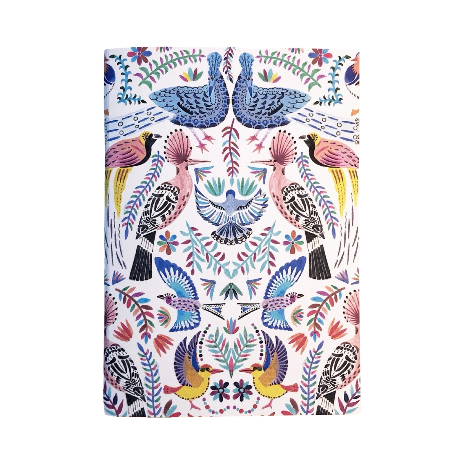 Colorful patterned fabric with birds and floral designs on a white background.