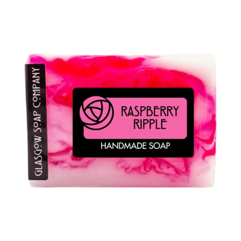 A bar of pink and white raspberry ripple scented soap.