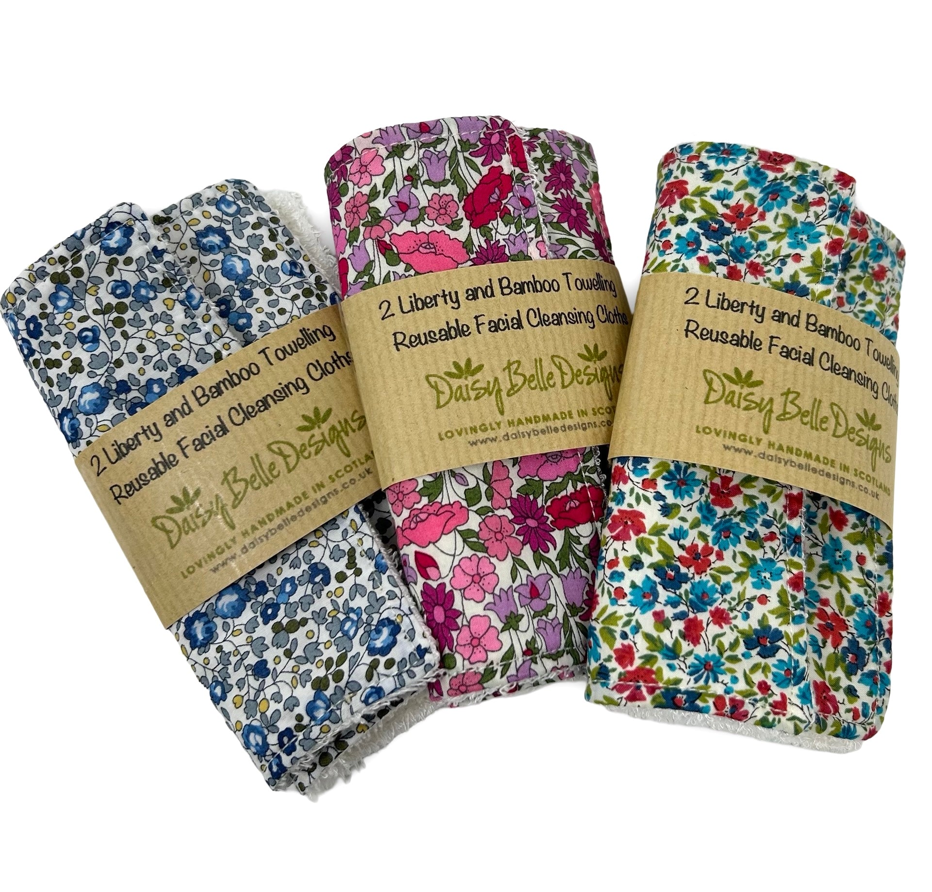Three packs of re-usable face wipes, 2 in each. Three colours, pink, blue or green floral designs on Liberty print.