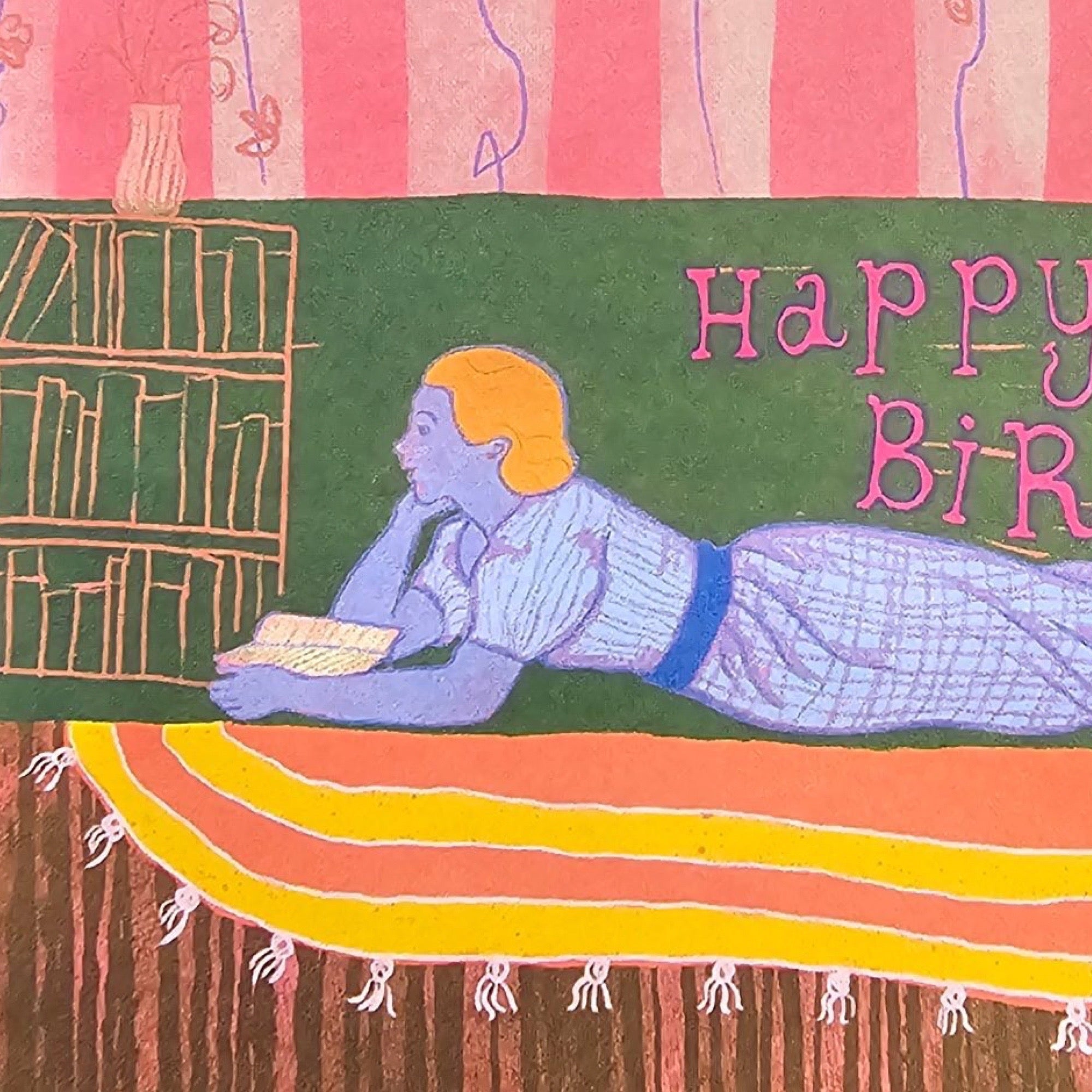 Illustration of a person lying on a bed with 'Happy Birthday' text, surrounded by books and a vase.