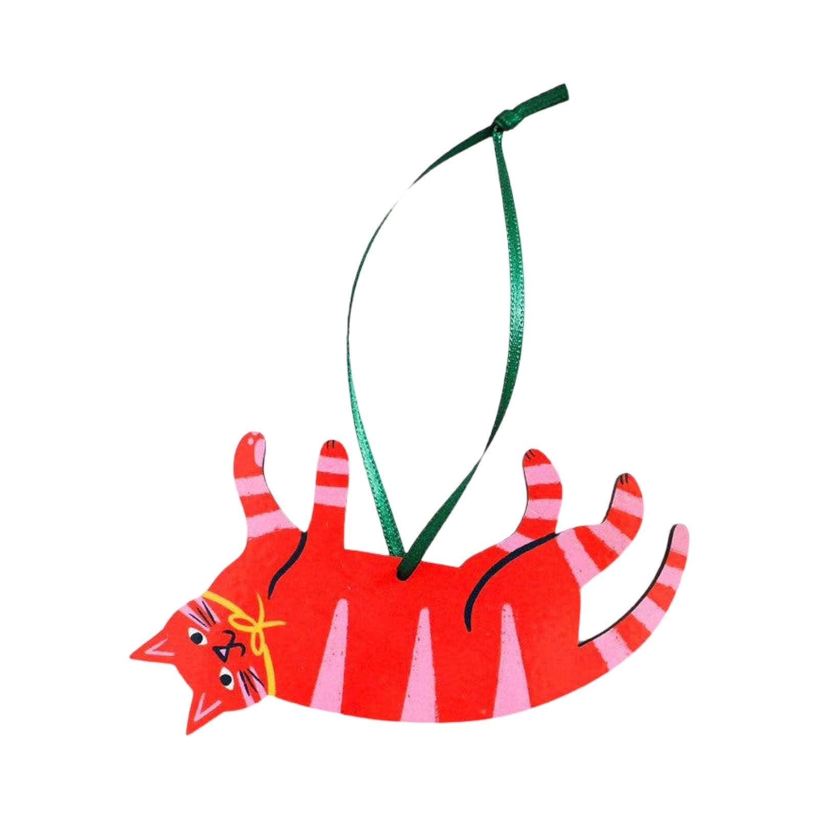 Wooden Christmas cat-shaped decoration in red with pink stripes.