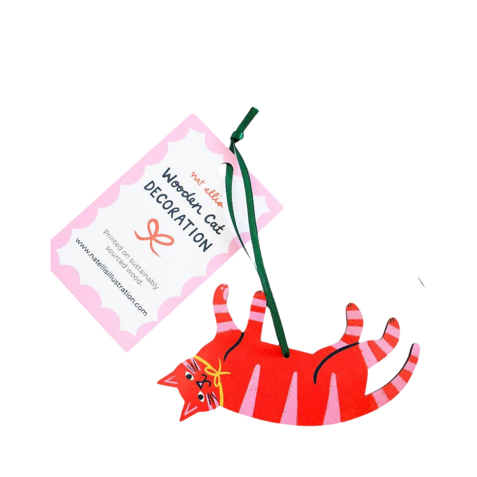Wooden Christmas cat-shaped decoration in red with pink stripes.