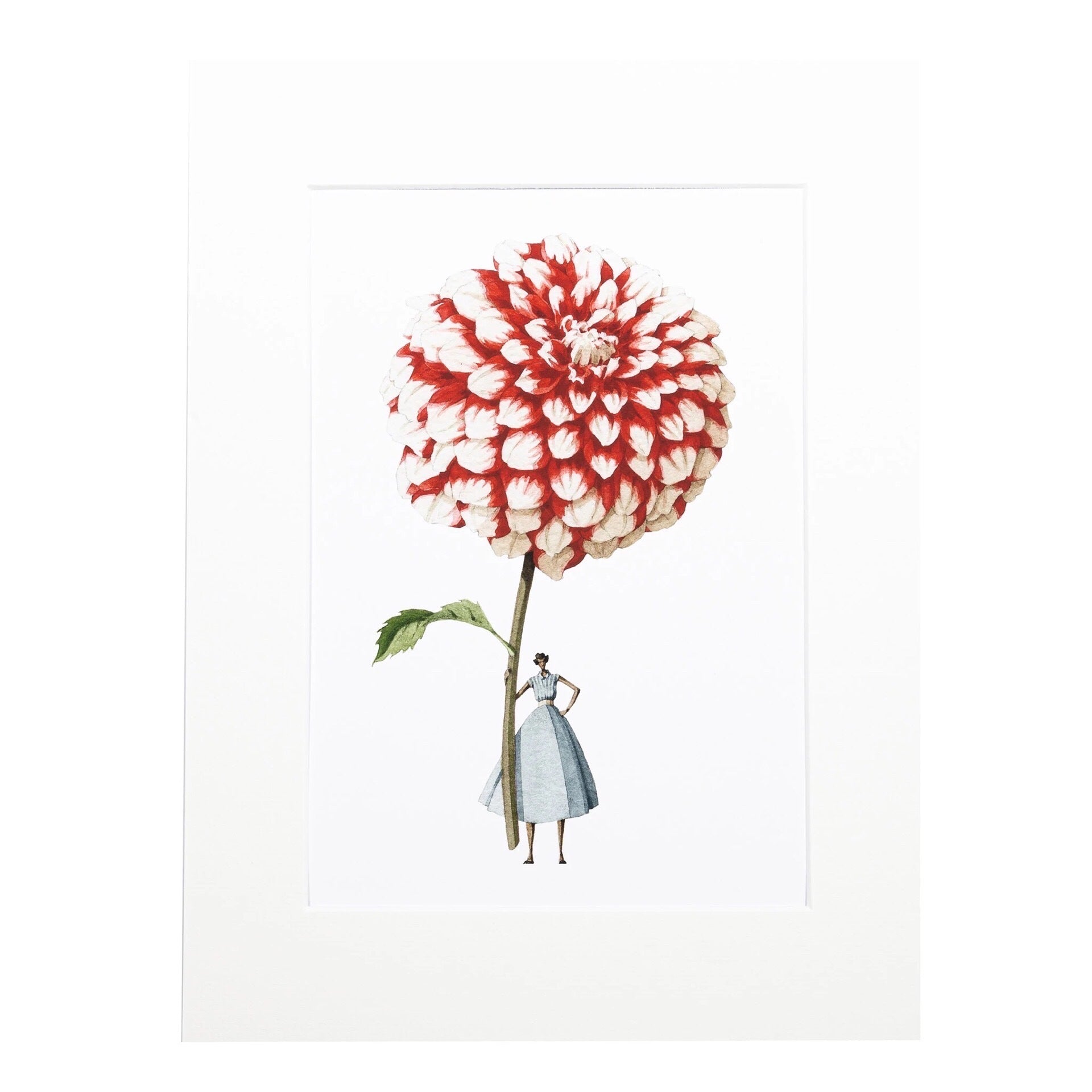 Floral mounted print featuring a beautiful illustration of a fabulously dressed lady holding a giant red and white dahlia.