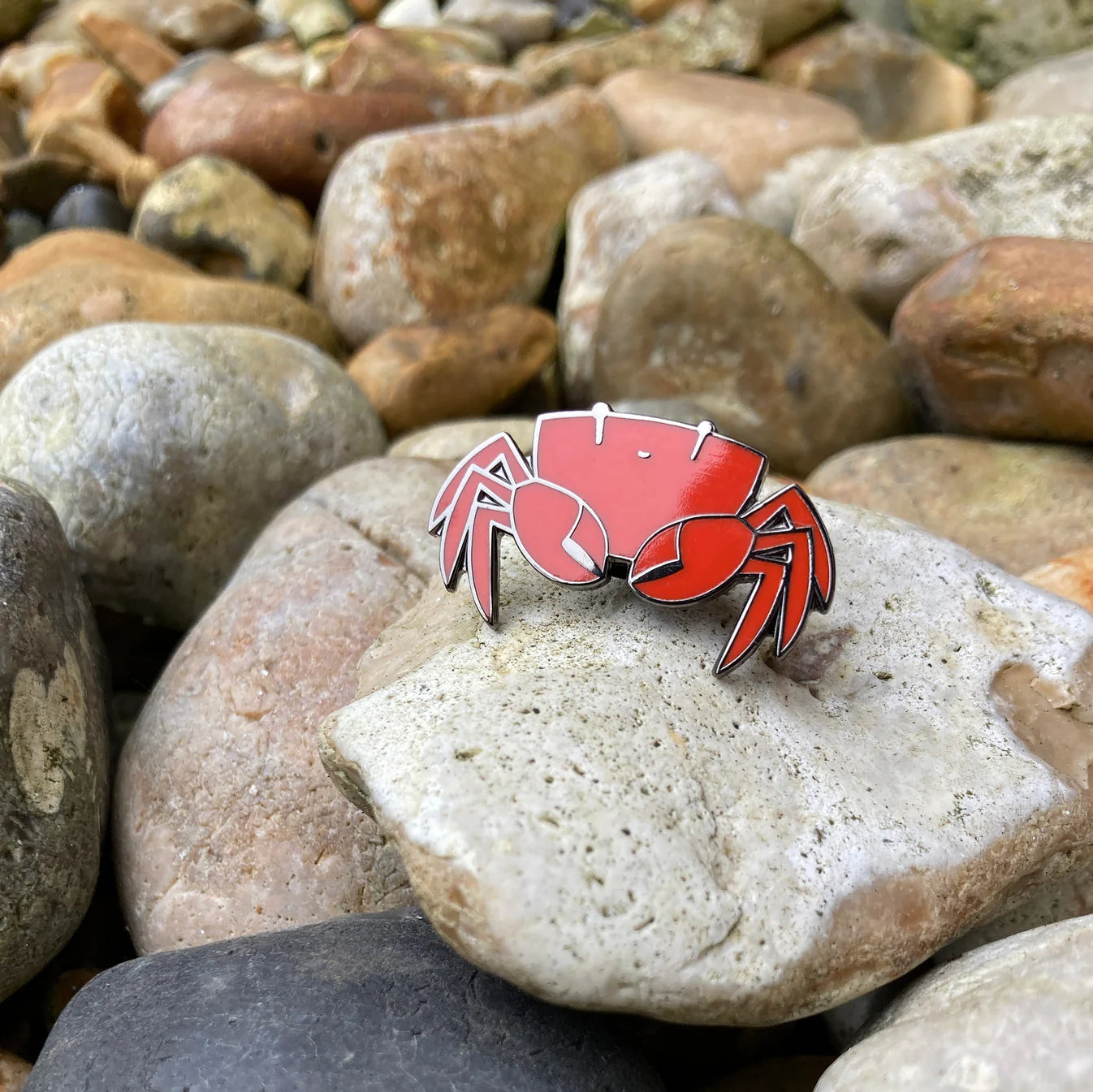 Red crab pin badge on a rock with pebbles in the background.