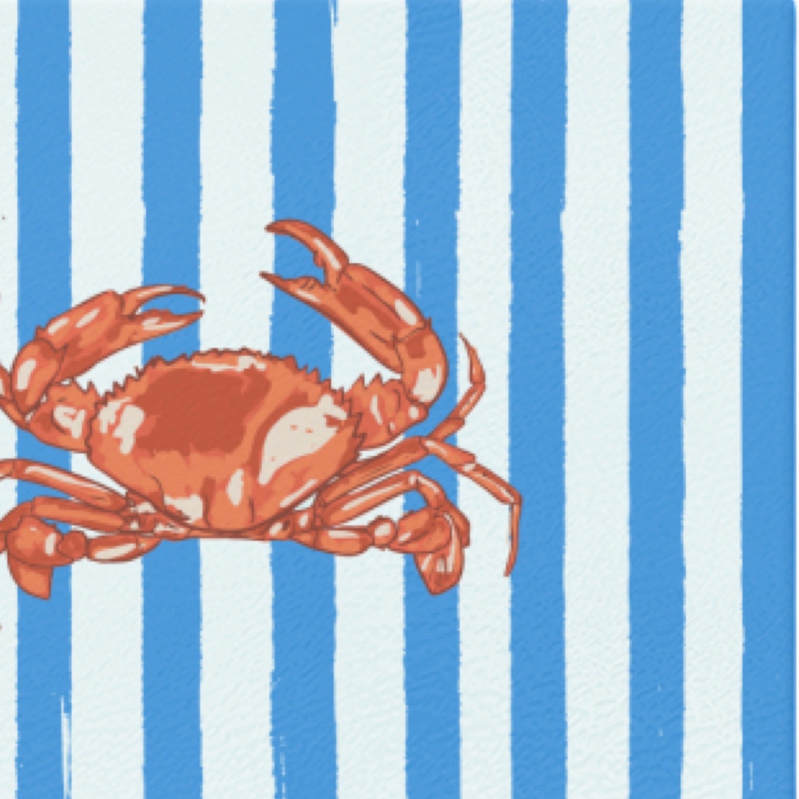 A chopping board with a crab on a background of vertical blue and white stripes.